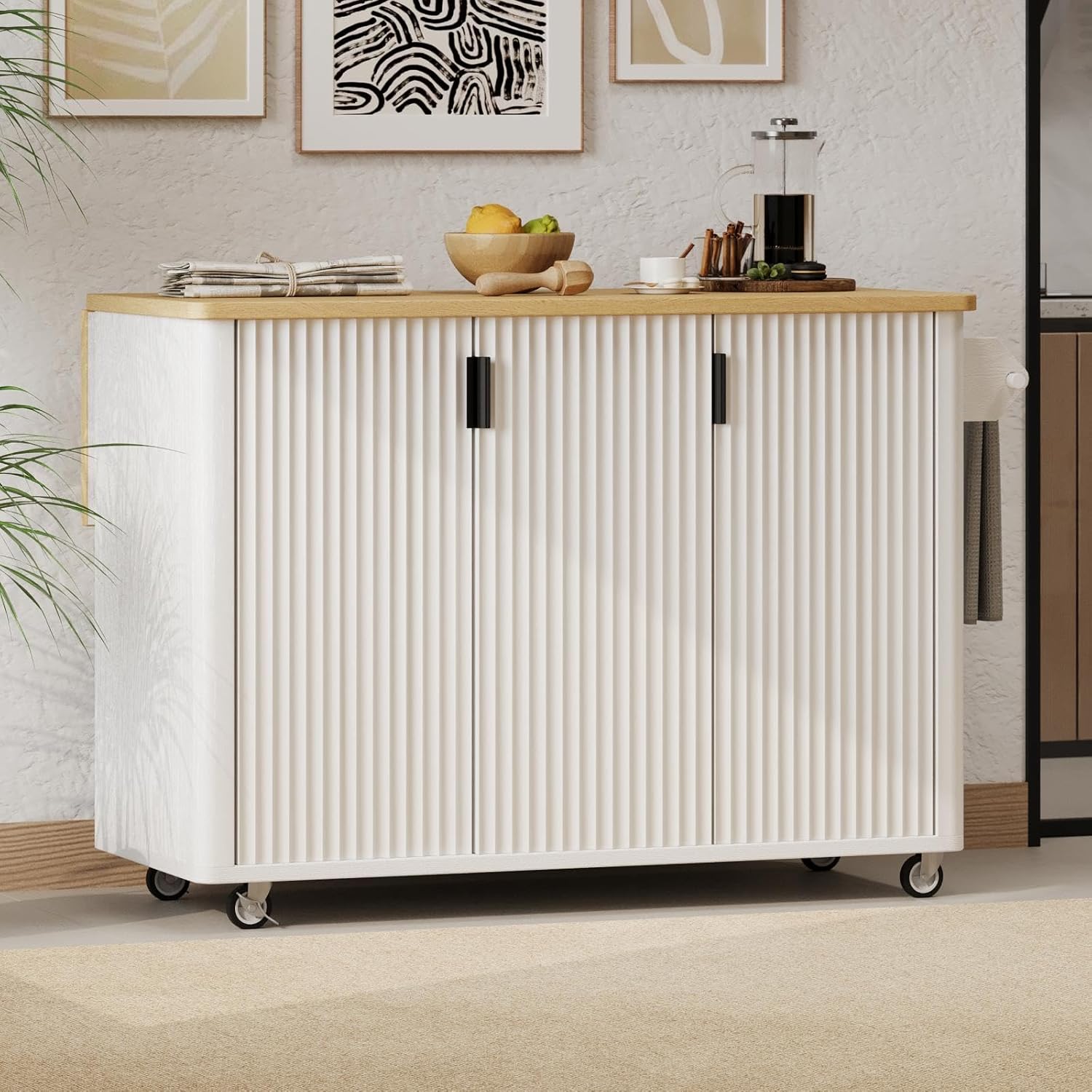 51" Fluted Kitchen Island with Drop Leaf, Farmhouse Accent Kitchen Island on Wheels with Internal Storage Rack, Rolling Kitchen Cart with Towel Rack for Kitchen, Dining Room, White Ash