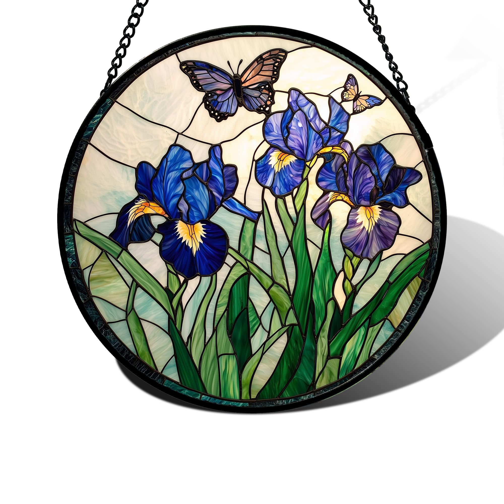 Purple Iris and Butterfly Stained Glass Window Hanging Suncatcher Gift 12"