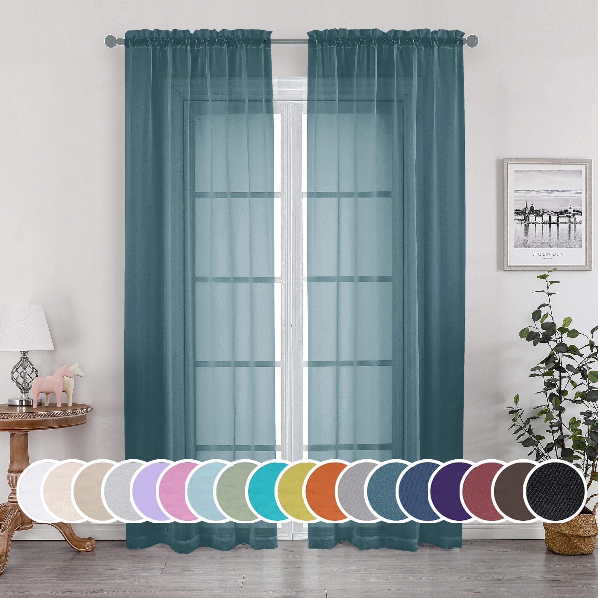 OWENIETeal Sheer Curtains 84 inches Long 2 Panels Set, Light Filtering Rod Pocket Fimly Sheer Curtains with Soft Touch for Bedroom Living Room, Dusty Blue Farmhouse Curtains, Each 42Wx84L inch