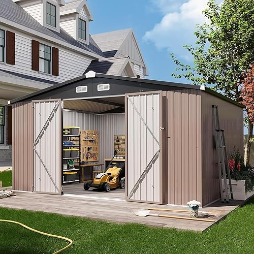 Vista 6 de Aoxun Cobertizo de almacenamiento al aire libre de 80 pies cúbicos impermeable para jardín, cobertizo de herramientas de metal, color marrón