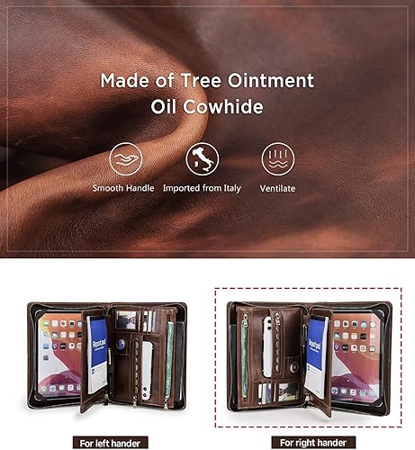 Vista 32 de Top Grain Leather Cartera grande de 12.9 pulgadas, diseño retro hecho a mano, gran capacidad, multifuncional, con cremallera, soporte para tarjetas