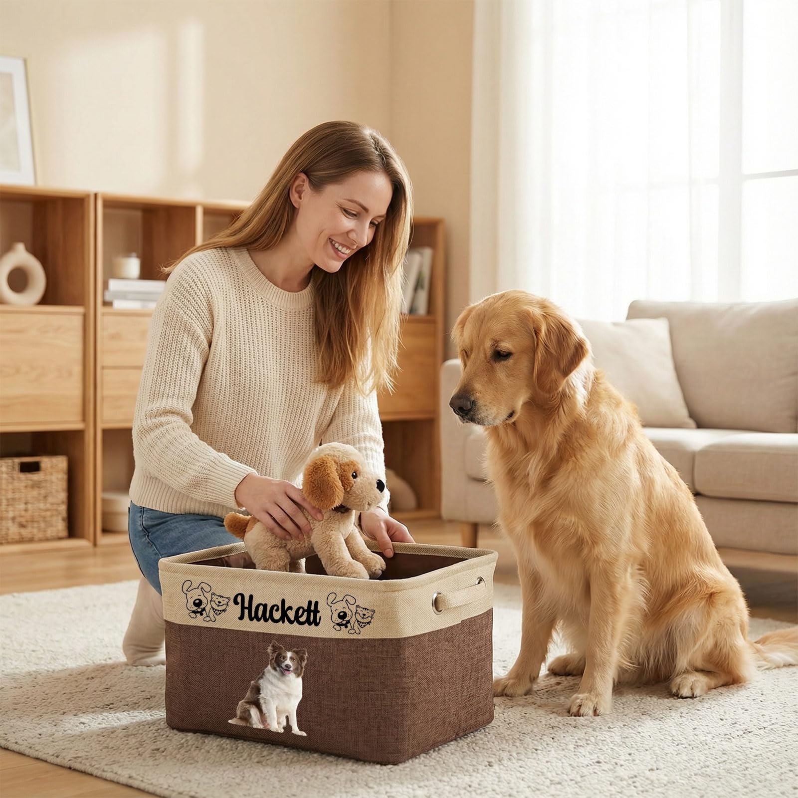 Cesta de almacenamiento personalizada para juguetes de perro, cesta plegable personalizada para mascotas con nombre y foto, cesta para juguetes de perro y suministros para mascotas (Rosa)