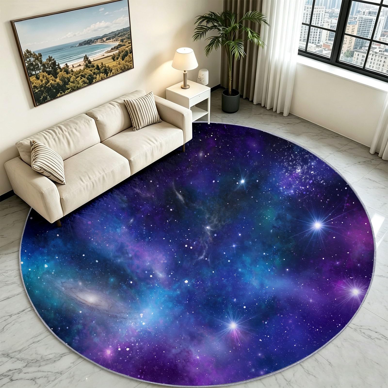Générique Tapis Rond Moderne 120 cm, Espace Nébuleuse Voie Lactée Antidérapant et Lavable en Machine - Poils Courts Imprimé Tapis pour Salon Chambre Bureau ou Salle à Manger - Épaisseur 0.6 cm Bleu