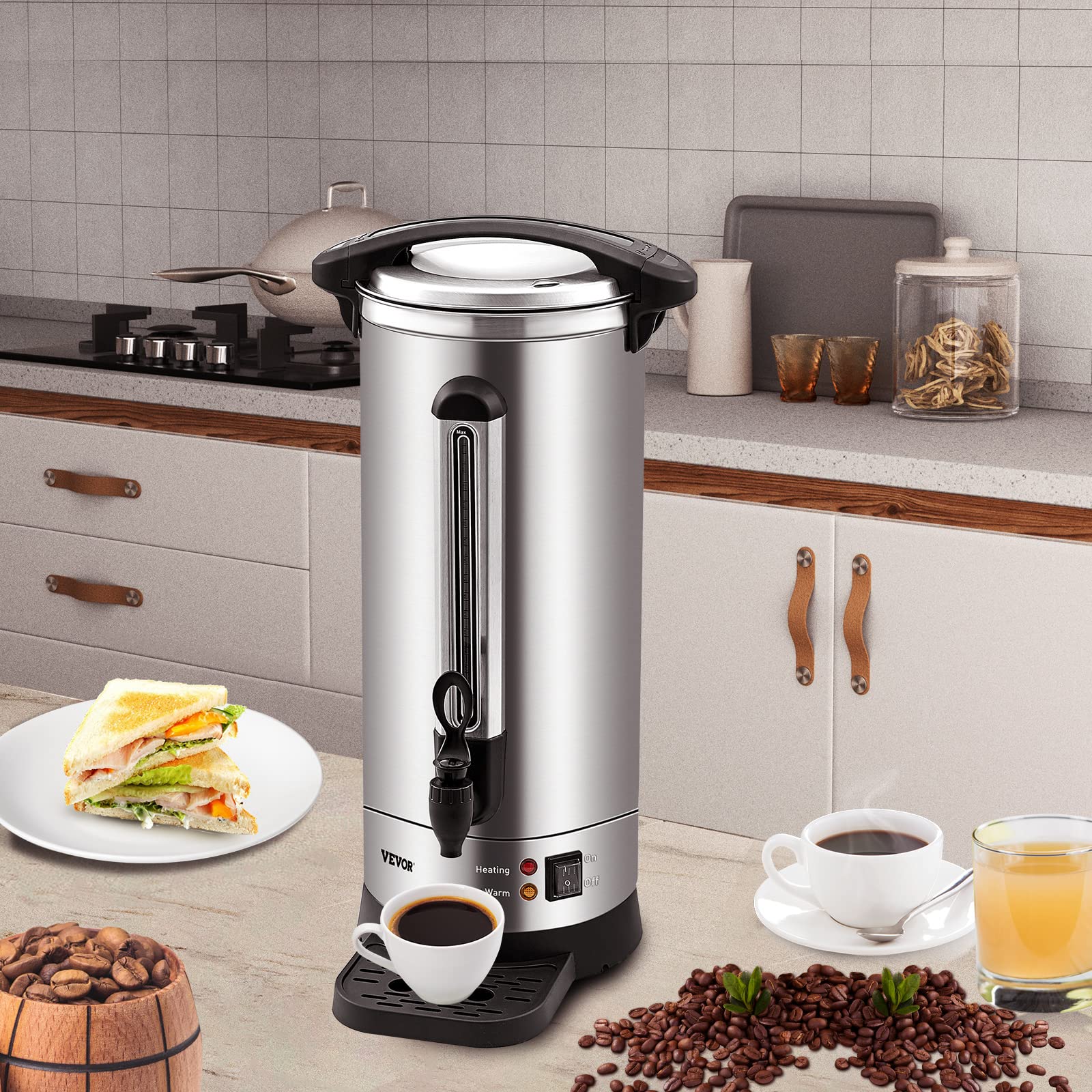 VEVOR Percolateur à Café 9,75 L 65 Tasses Distributeur de Boissons Chaudes en Acier Inoxydable Filtre Permanent Marmite à Vin Chaud 90-98 ℃ Maintenu Infusion Rapide Appareil Chauffe Eau Thé Chocolat