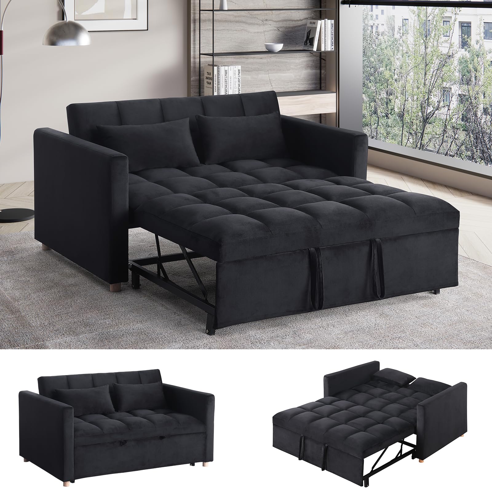 Sleeper Sofa Convertible Sofa Bed Loveseat Sleeper Sofa Couch Futon Sofa Couch Velvet Chaise Longue Daybed with Lumbar Pillows for Living Room,Bedroom,Apartment (Black 4)