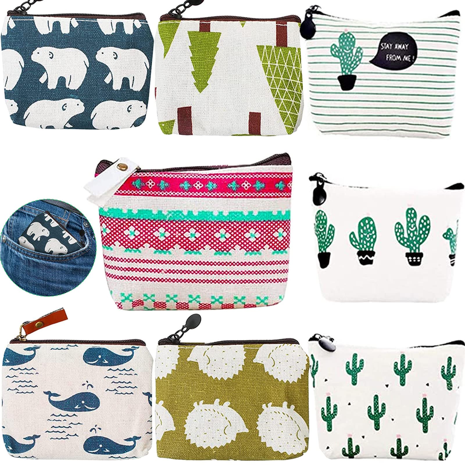 8 Pièces Sac à Monnaie En Toile Petit, Pochette En Toile Sac Rangement, Mignon Petit Bourse Avec Fermeture Eclair, Une Variété De Motifs, Convient Aux Étuis à Crayons, Sacs à Cosmétiques