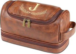 Personalized Toiletry Bag for Men, Initial Toiletry Travel Bag, Gifts Men | Waterproof PU Leather Travel Shaving Bag with Hanging Hook, Christmas Birthday Gift for Dad Husband, Custom Travel Dopp Kit