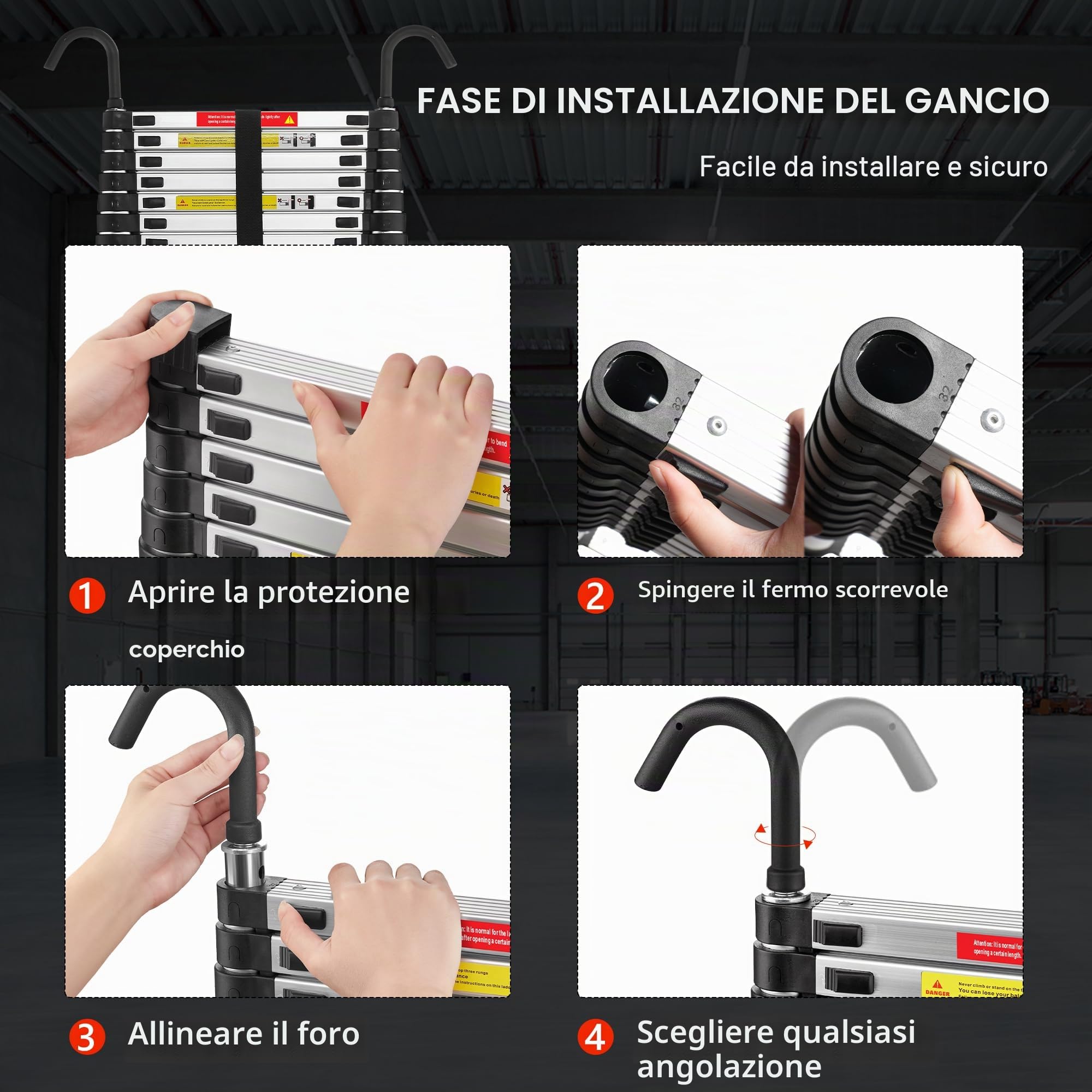 TEENO Scala Telescopica 6,2 M, Scala Telescopica in Alluminio con Barra Stabilizzatrice e Gancio Rimovibile, Scala Pieghevole Portatile per Riparazioni Domestiche, Carico Max 150 KG