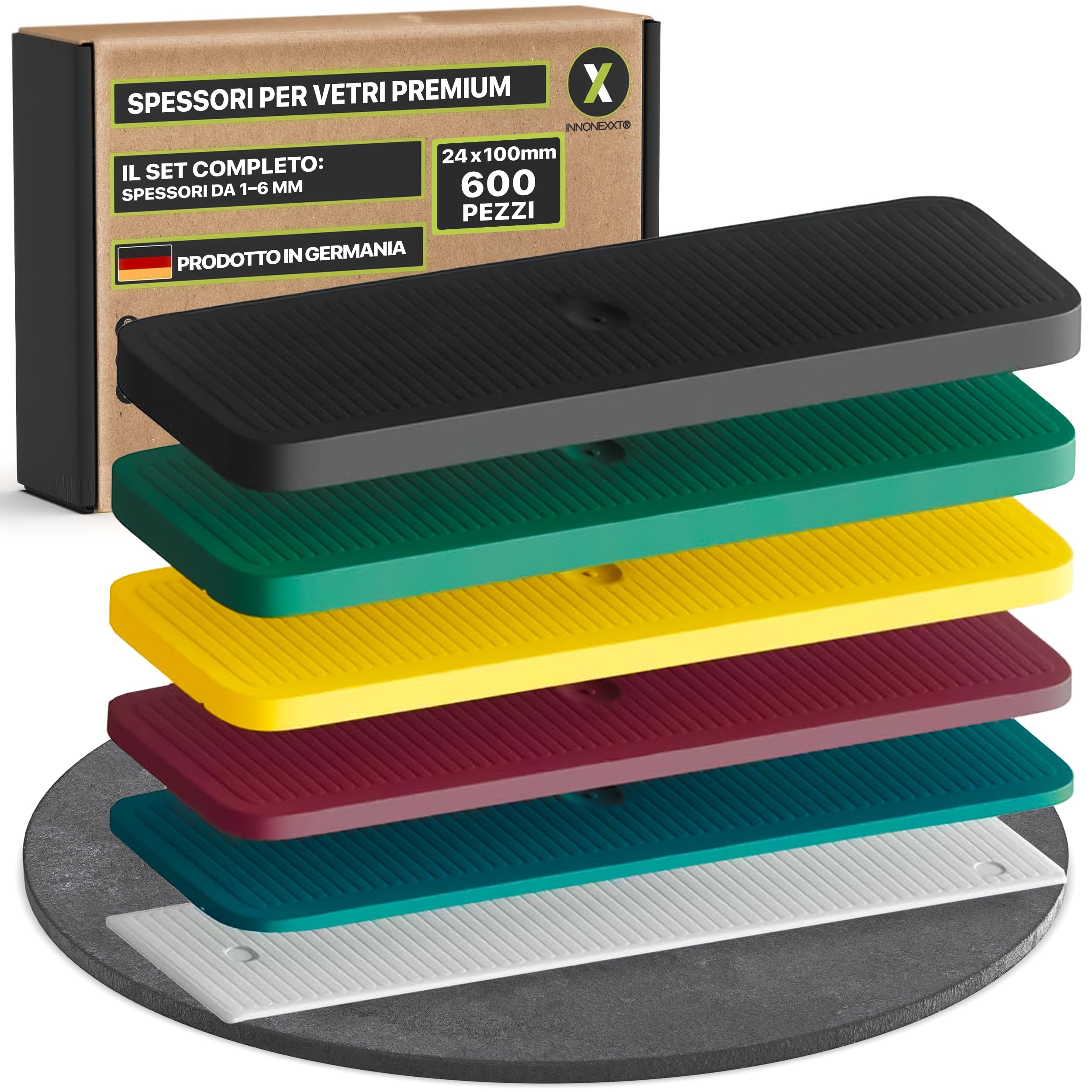INNONEXT® Distanziatori | Blocchi per vetri | 24 x 100 mm Mix | Made in Germany | in set: 1, 2, 3, 4, 5, 6 mm | Piastre inferiori, distanziatori in plastica, distanziatori