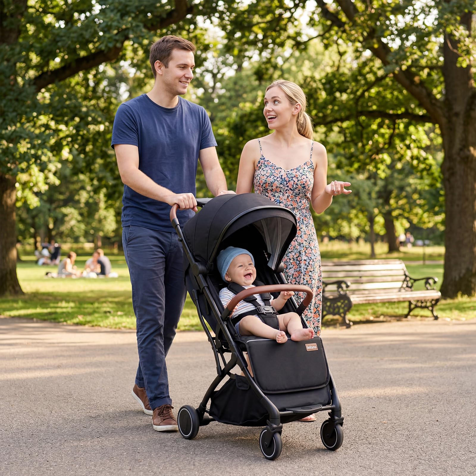 INFANS Travel Stroller, Lightweight Compact Baby Stroller for Airplane with One-Hand Fold, Multi-Position Recline, Canopy, 4 Wheel Suspension, Storage Basket (Black+Black) - 2