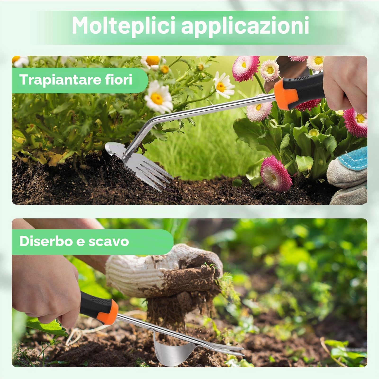 3 PCS Sarchiatore per Erbacce Manuale, Estirpatore Erbacce da Giardino in Acciaio Inox, Attrezzi Giardinaggio, Piantare e diserbare per il giardino, Manico in Gomma