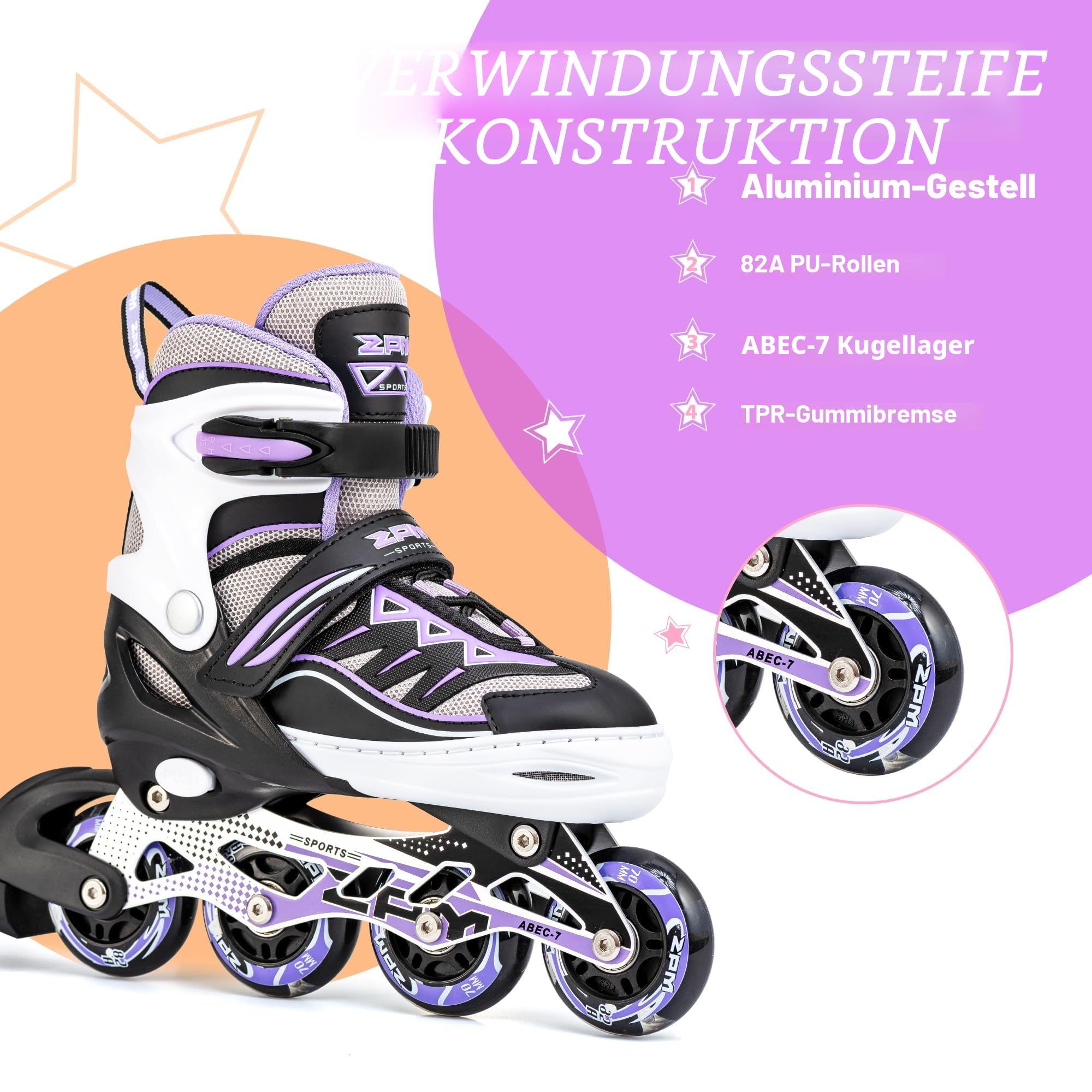 2PM SPORTS Cytia Rosa/Violett größenverstellbare Inliner Kinder mit leuchtenden LED Rollen, lustige blinkende Anfänger Mädchen Inline Skates mit Einstellbarer für Damen und Herren