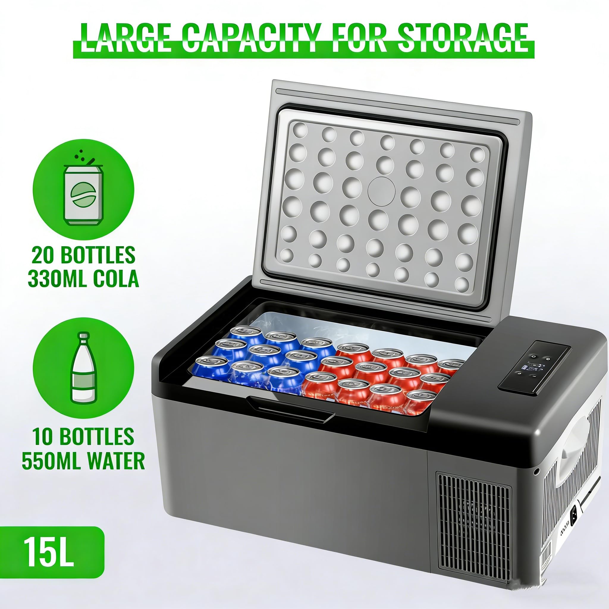 15L Przenośna mała lodówka ze sprężarką, elektryczna zamrażarka samochodowa 12 V, zakres od -20℃ do 10℃, idealna na kemping, do domu i kampera