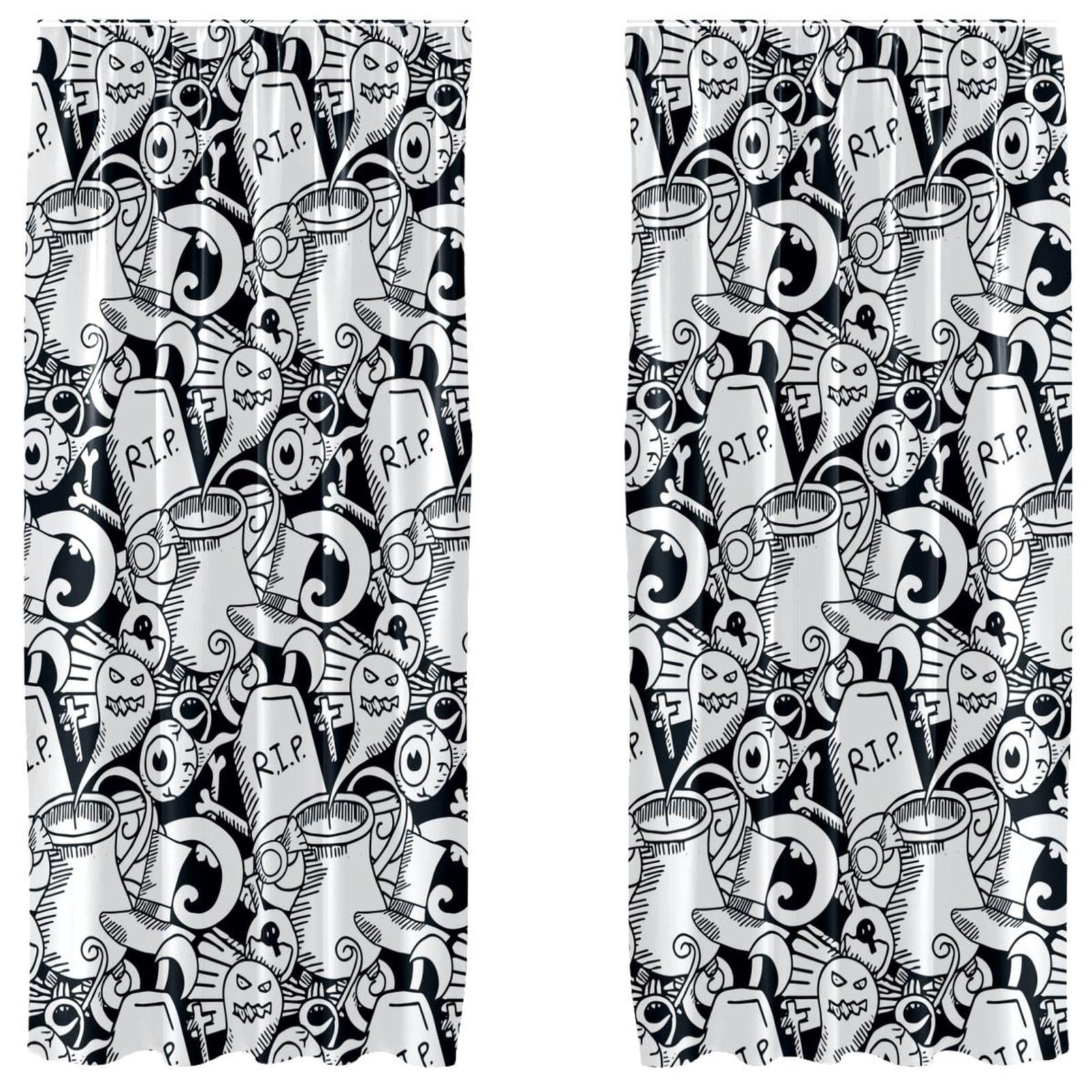 Rideaux Halloween noir et blanc 140x213 cm | Lot de 2 voilages
