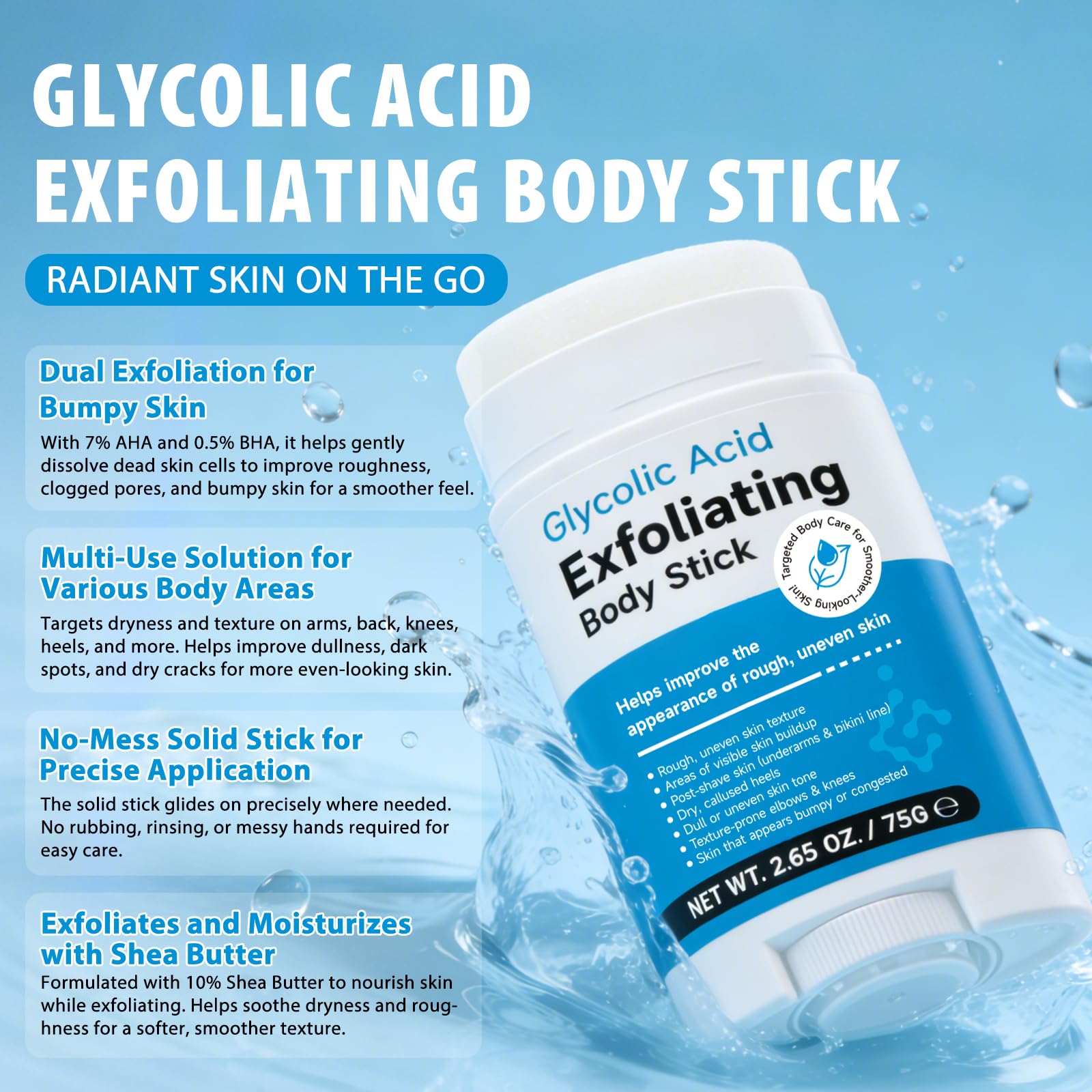 Kwas glikolowy peeling w sztyfcie do ciała, A-HA BHA eksfoliant krem nawilżający, poprawia wygląd nierównomiernej szorstkiej tekstury skóry, redukuje guzki skóry kurzej, rozjaśnia i wygładza