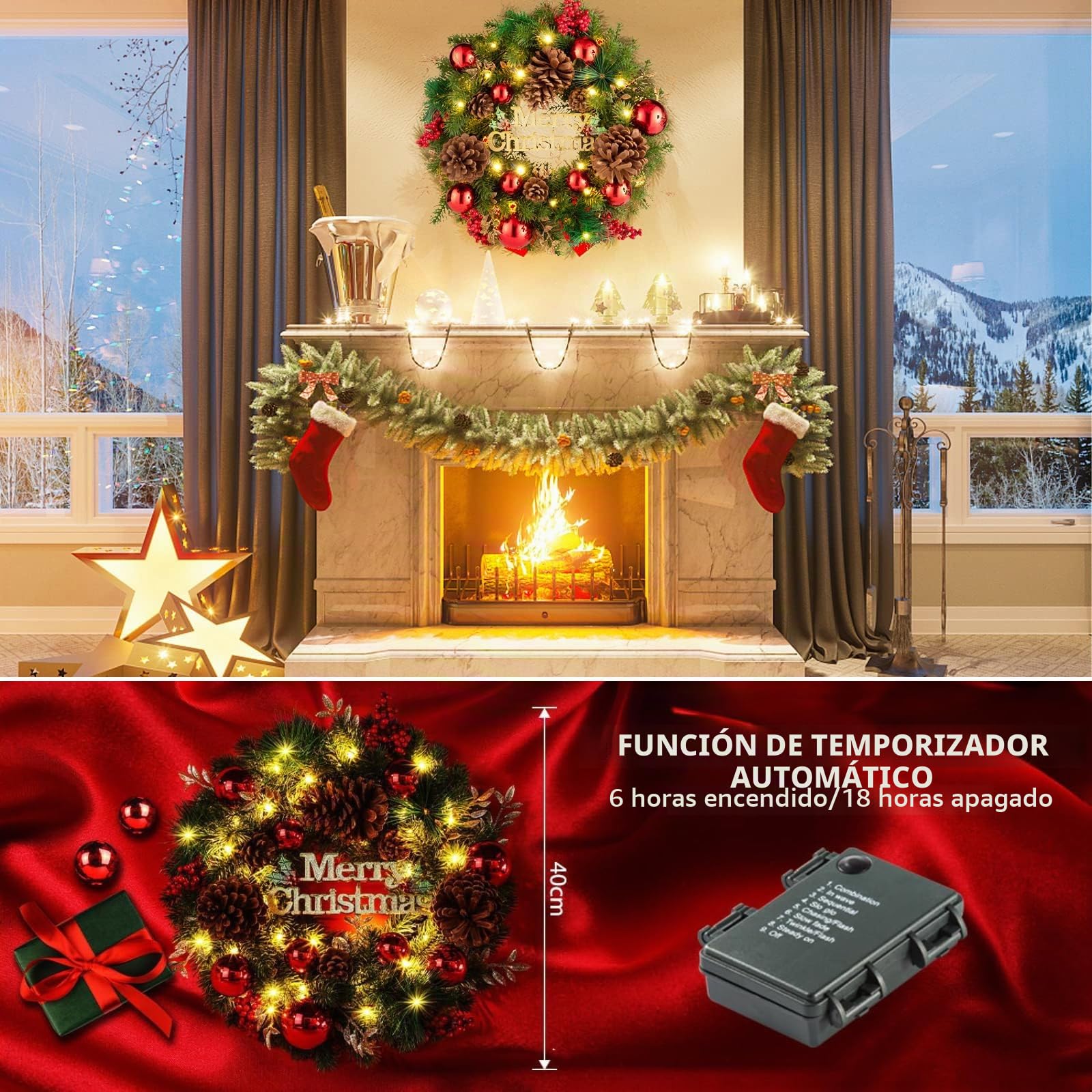 Avoalre 40CM Corona Navidad con Luces 40 Leds, Adorno de Guirnalda de Navidad 8 Modos y Función de Temporización Decoración Navidad para Puerta, Árbol, Pared, Ventana