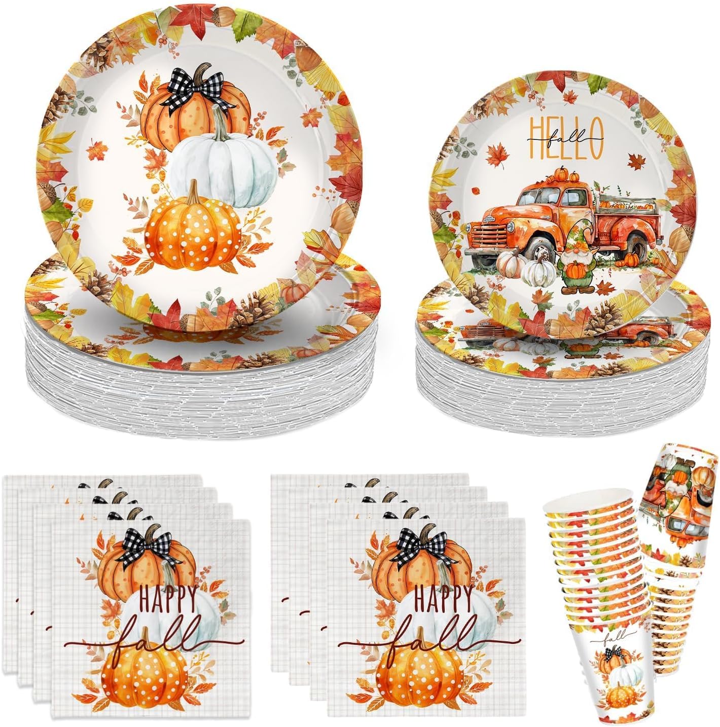 Thanksgiving Party Plates Happy Fall Table Supplies Kit Serve 26, Includes Dinner Plates, Dessert Plates, Napkins and Cups, 9 inch