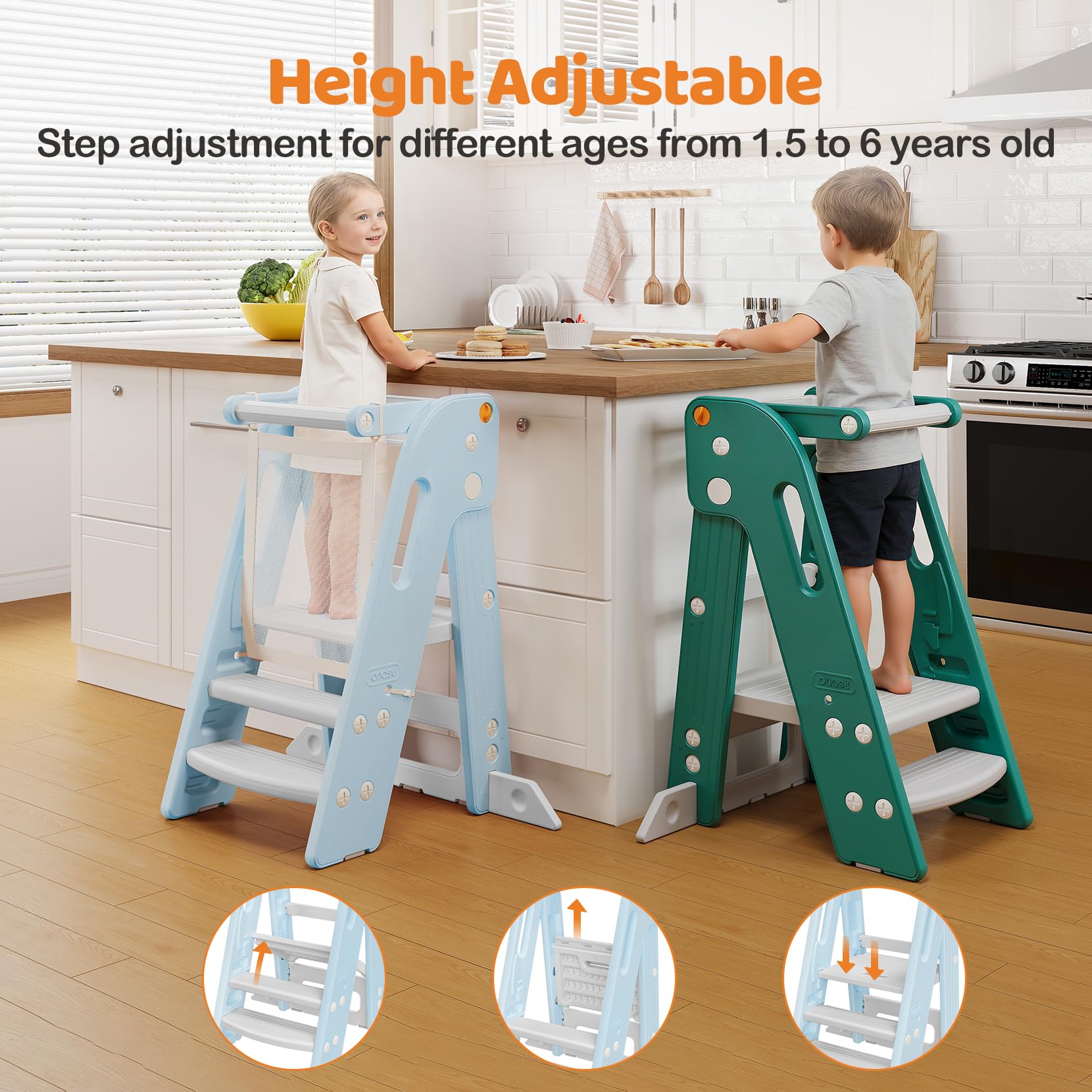 Onasti Torre de Aprendizaje Niños, Plegable, Torre de Aprendizaje Montessori, Escalón para niños Ajustable en Altura de 2 a 3 escalones, Torre Aprendizaje para Cocina, baño y lavabos (Azul)