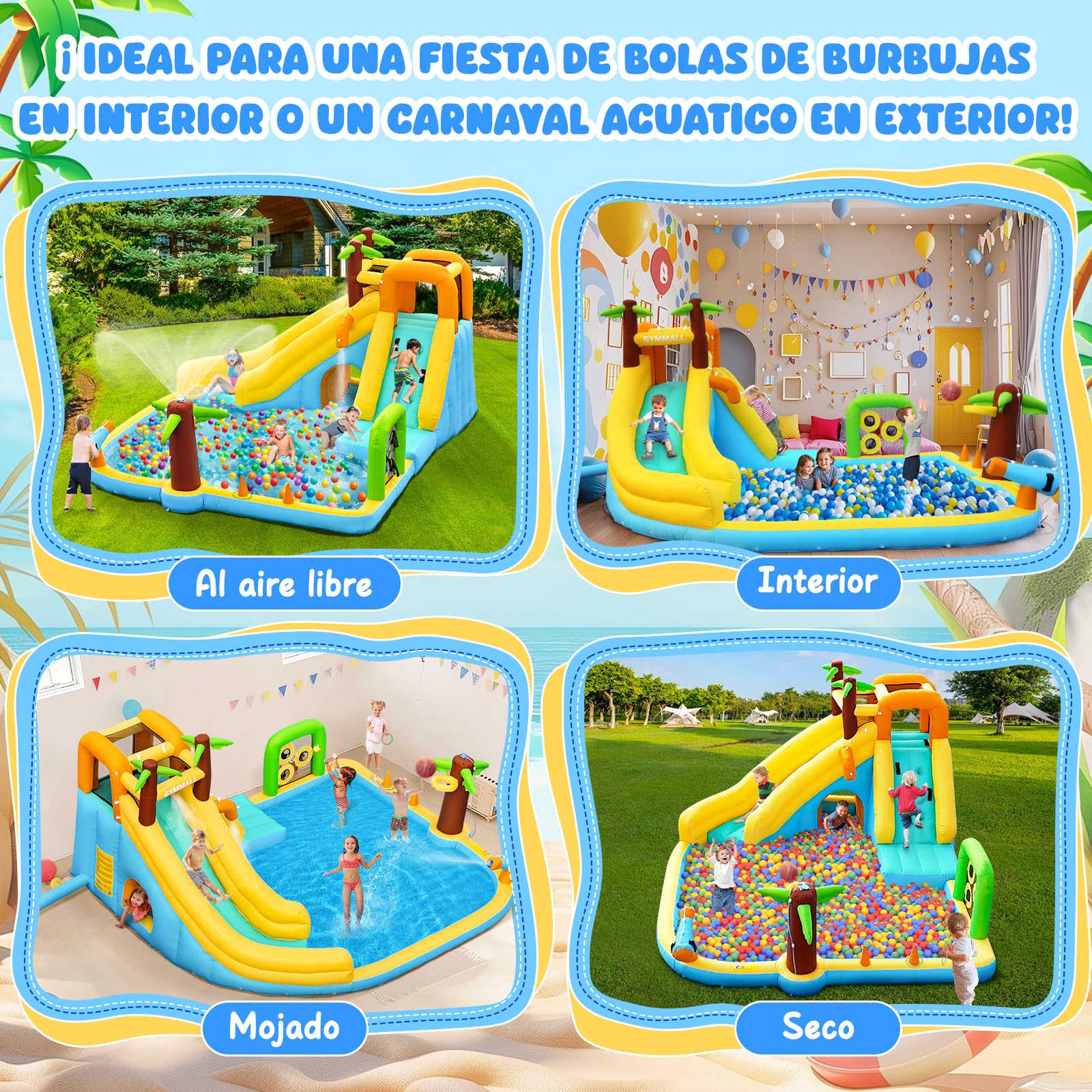 Tobogán Inflable de Agua con Ventilador 450W - Castillo Hinchable 10-en-1 para Niños en Interior y Exterior con Piscina, Aspersores y Tobogán Largo