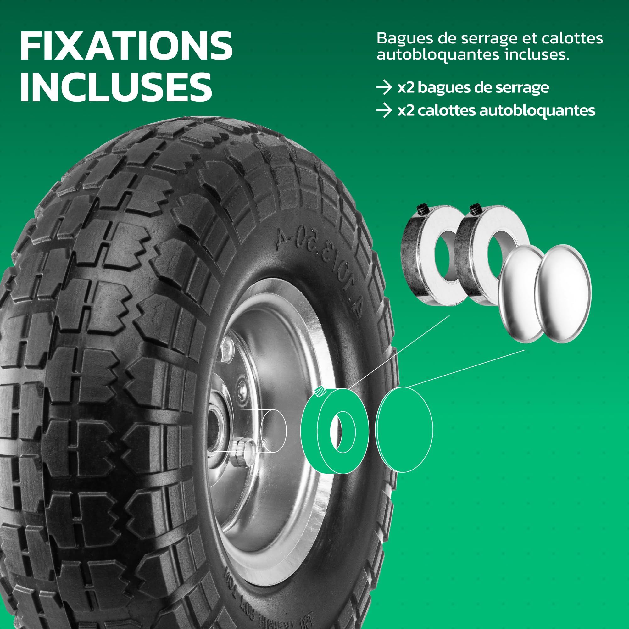 MOOVMOOV Roue Increvable 4.10/3.50-4 (x2) Alésage pour Axe 16mm - Moyeu Déporté 55mm - Pour Diables, Brouettes, Chariots, Etc. - Inclus Bague de Verrouillage + Calotte Autobloquante