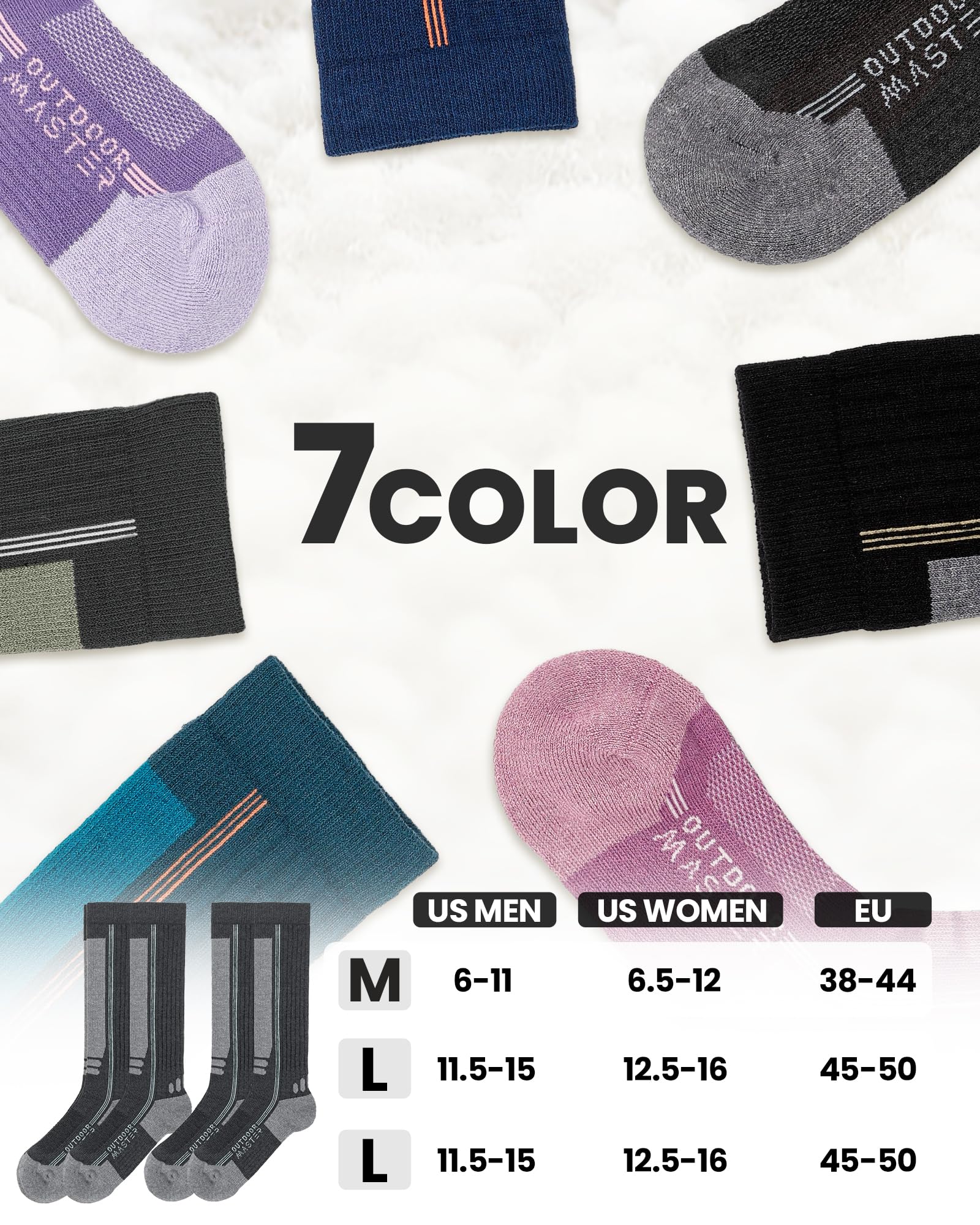 OutdoorMaster Calze da sci in lana Merino Thermolite, Calze da snowboard termiche a compressione per uomo e donna, Freddo