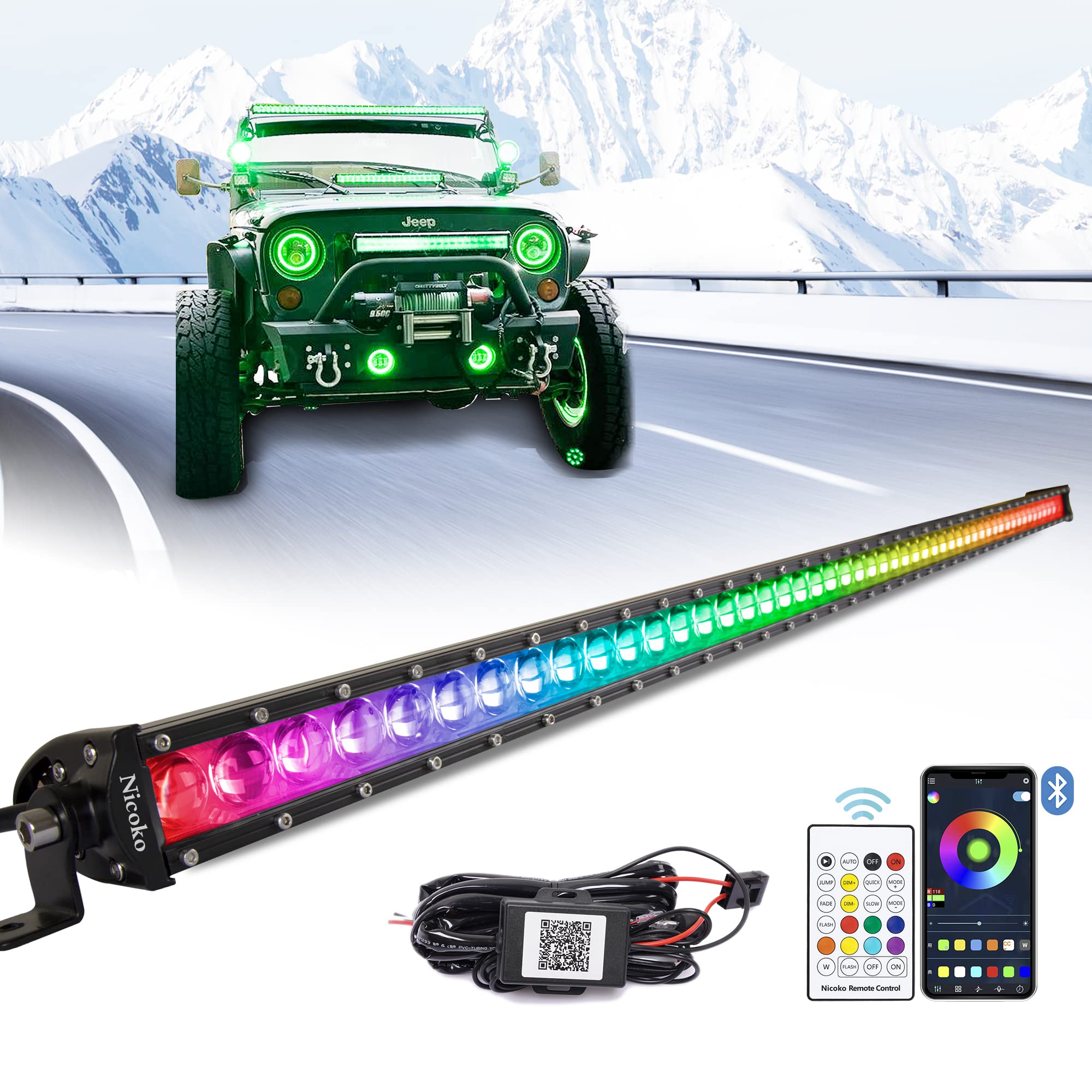 Led Light Bar Ultra-Thin 250w 52 Inch Color Chasing Lights Bar Controlled by App&Remote Spot Driving Light Off Road Lights Single Row Light Bar for Truck ATV, UTV, SUV, Cars