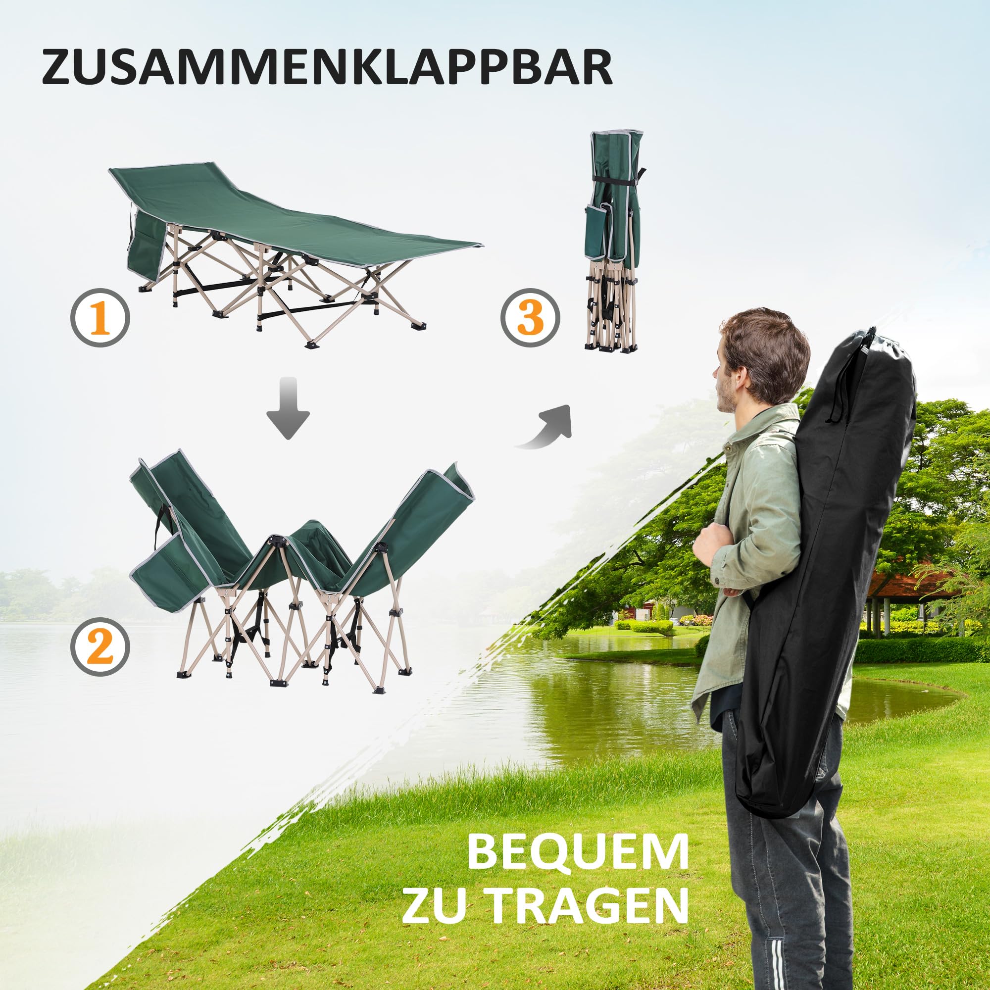 Outsunny Lettino Da Campeggio Singolo Portatile - Militare Verde, Acciaio E Oxford, 150 Kg