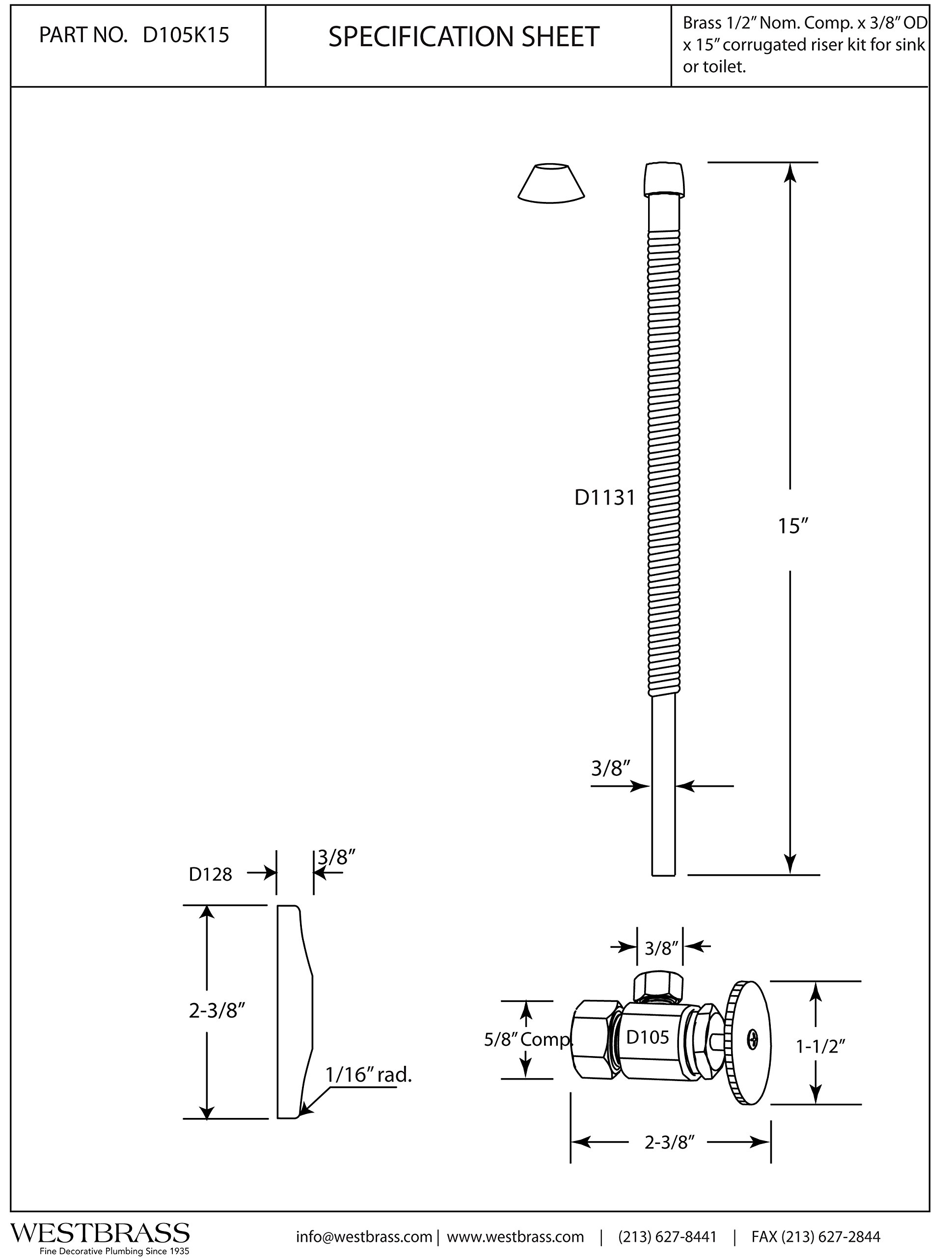 Westbrass D105K15-01 Kit de suministro corrugado de 5/20.3 cm 3/20.3 cm OD x 38.1 cm, latón pulido