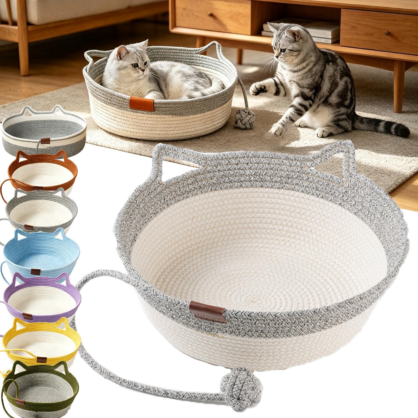 Cat Instinct Basket Cat Scratcher, Cat Basket Bed with Cushion and Hanging Ball Toy, Handwoven Cotton Rope Cats Bed for Cats & Kittens, Scratchable Woven Cat Nest Lounger for Sleeping & Playing，A：M