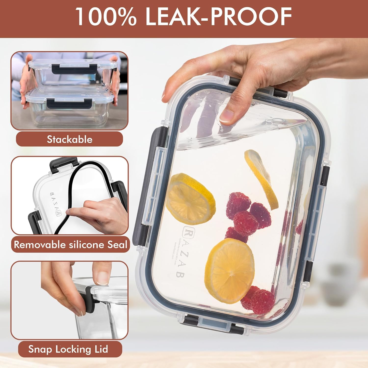 Razab 4 Pcs 1860ml / 63 Oz Large Glass Food Storage Containers with Lids - Glass Meal Prep Containers with Locking Lids for Roasting, Storing Leftover, Lunch Container, BPA Free, Microwave & Oven Safe