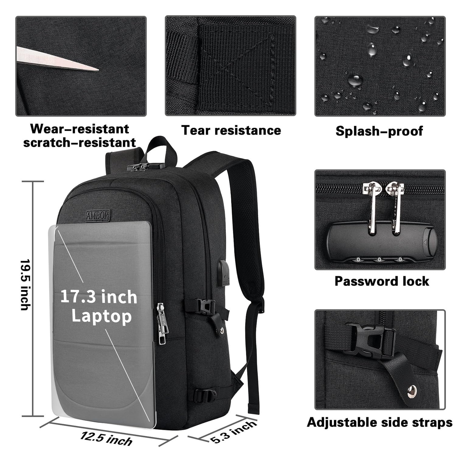 AMBOR Mochila para ordenador portátil, mochila de viaje impermeable de 17,3 pulgadas con puerto de carga, antirrobo mochila de negocios funcional portátil para ocio