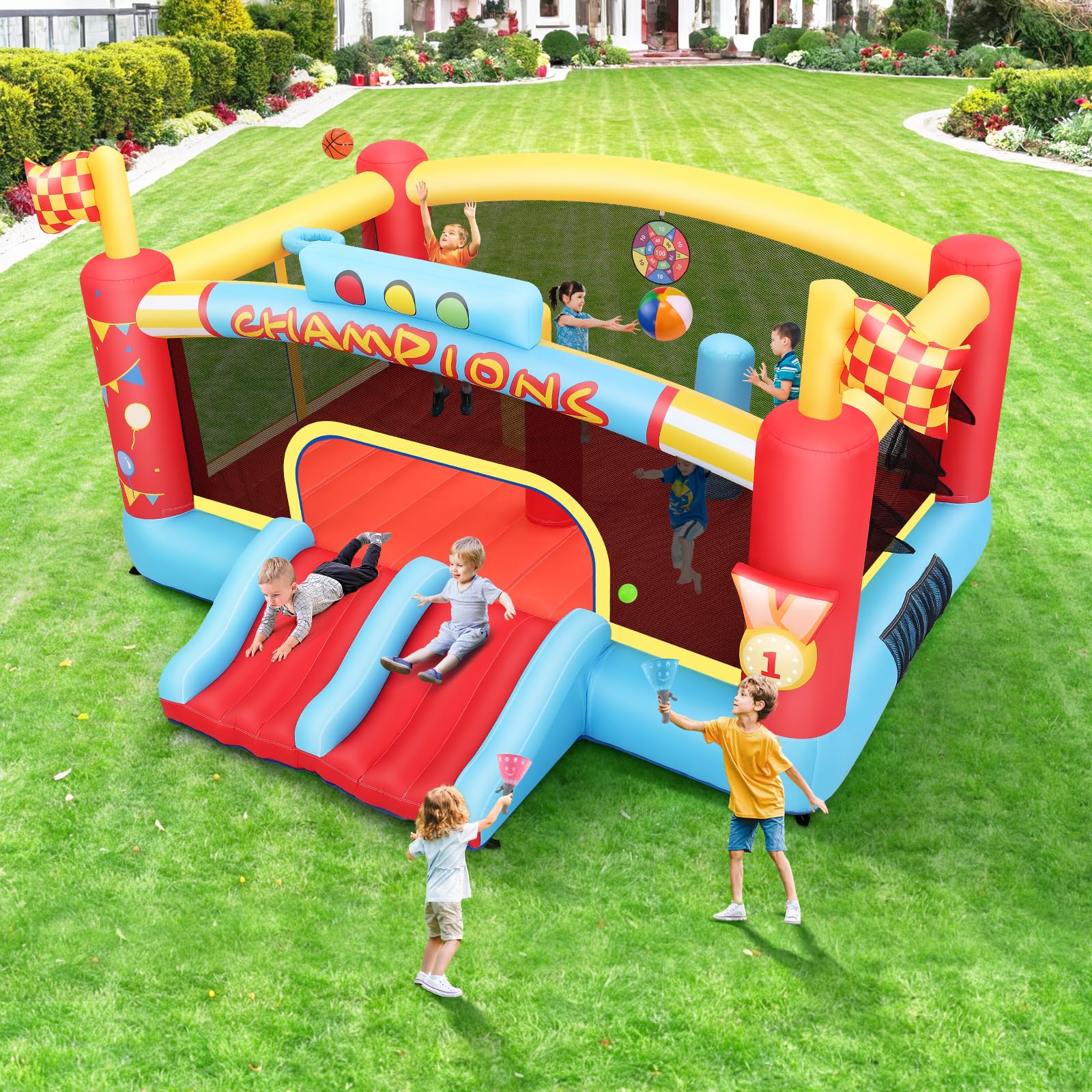 Bounce House for Kids, 13FT Large Inflatable Bounce Castle with Blower Blow Up Jumping Bouncer with Double Slide, Obstacle Poles & Target Toss Game, Champion Race Car Theme