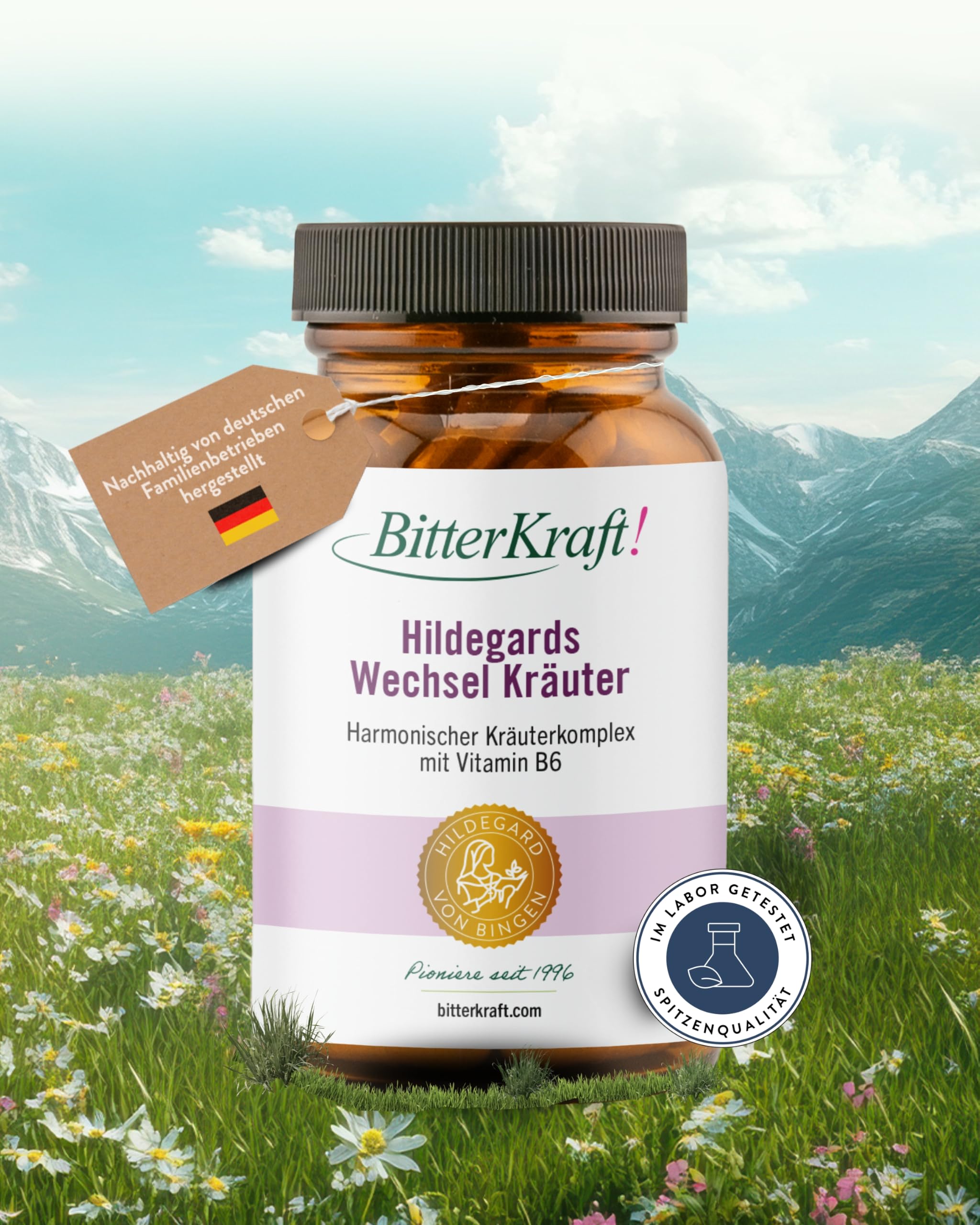 BitterKraft! Wechseljahre-Kapseln 90 Stk – mit Yamswurzel, Rotklee & Baldrian, Eisen, Vitamin B6 B12, Calcium, Folsäure – ohne Zusatzstoffe – natürliche Balance –100% Natur – Vegan - Made in Germany