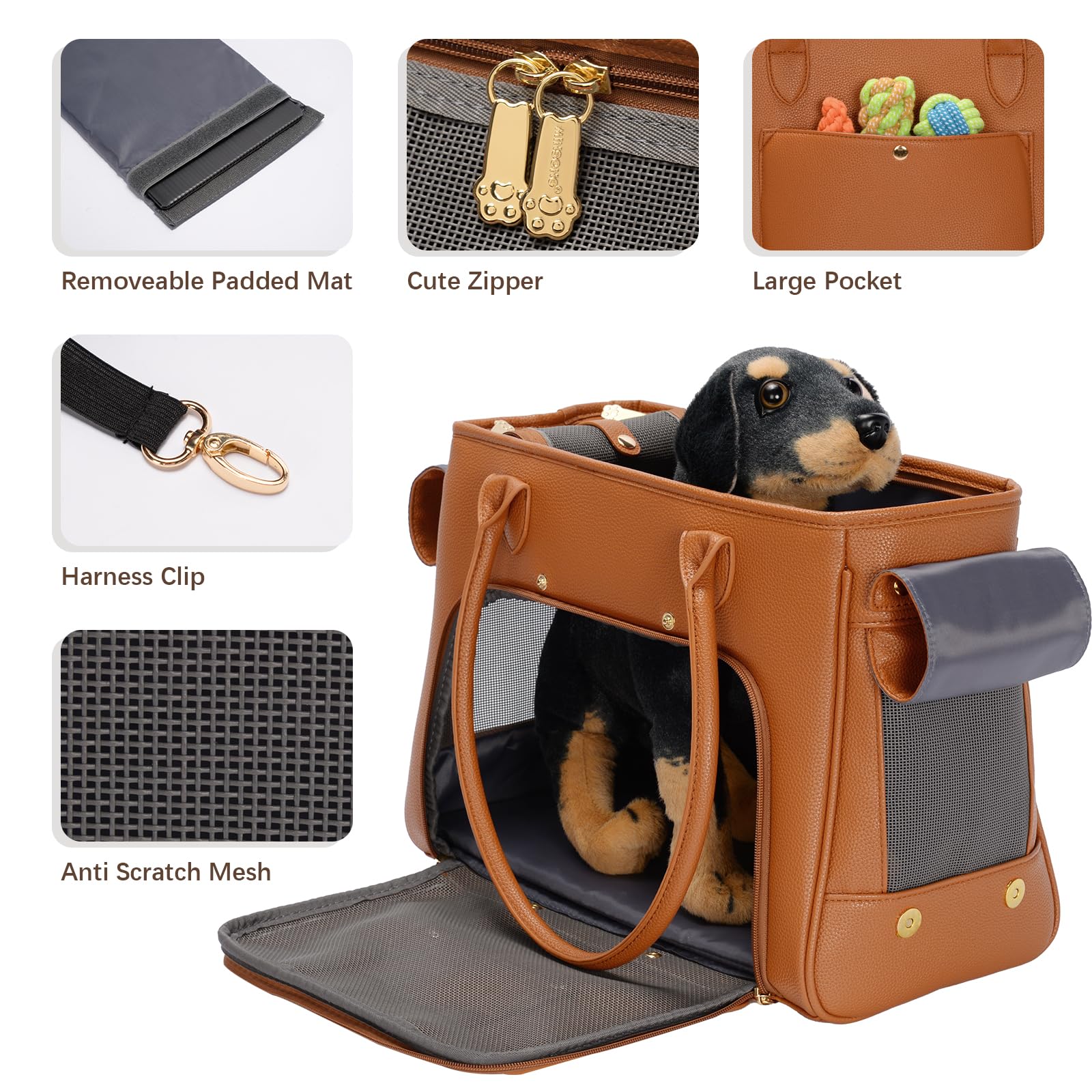 Bolso de transporte de mascotas para gatos y perros pequeños, bolsa de lujo de poliuretano de lados suaves con bolsillos grandes para perros y cachorros (marrón, 15.8 pulgadas de largo x 7.5 pulgadas