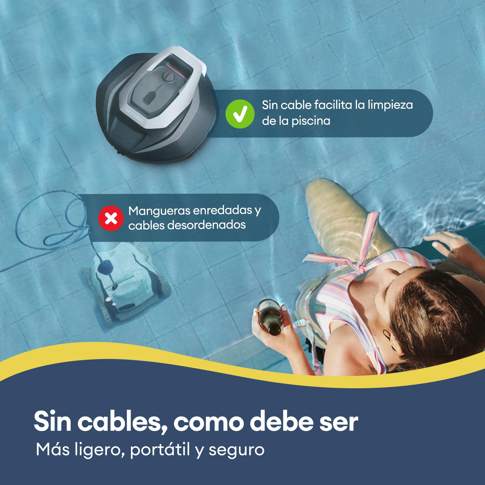 Ultenic Robot Limpiafondos Piscina, 90Min, 80m², Recogida sin Poste, Estacionamiento Automático, Aspirador Piscina Fondos sin Cable con 2 Motores, 5200mAh, para Piscina Elevada y Enterrada
