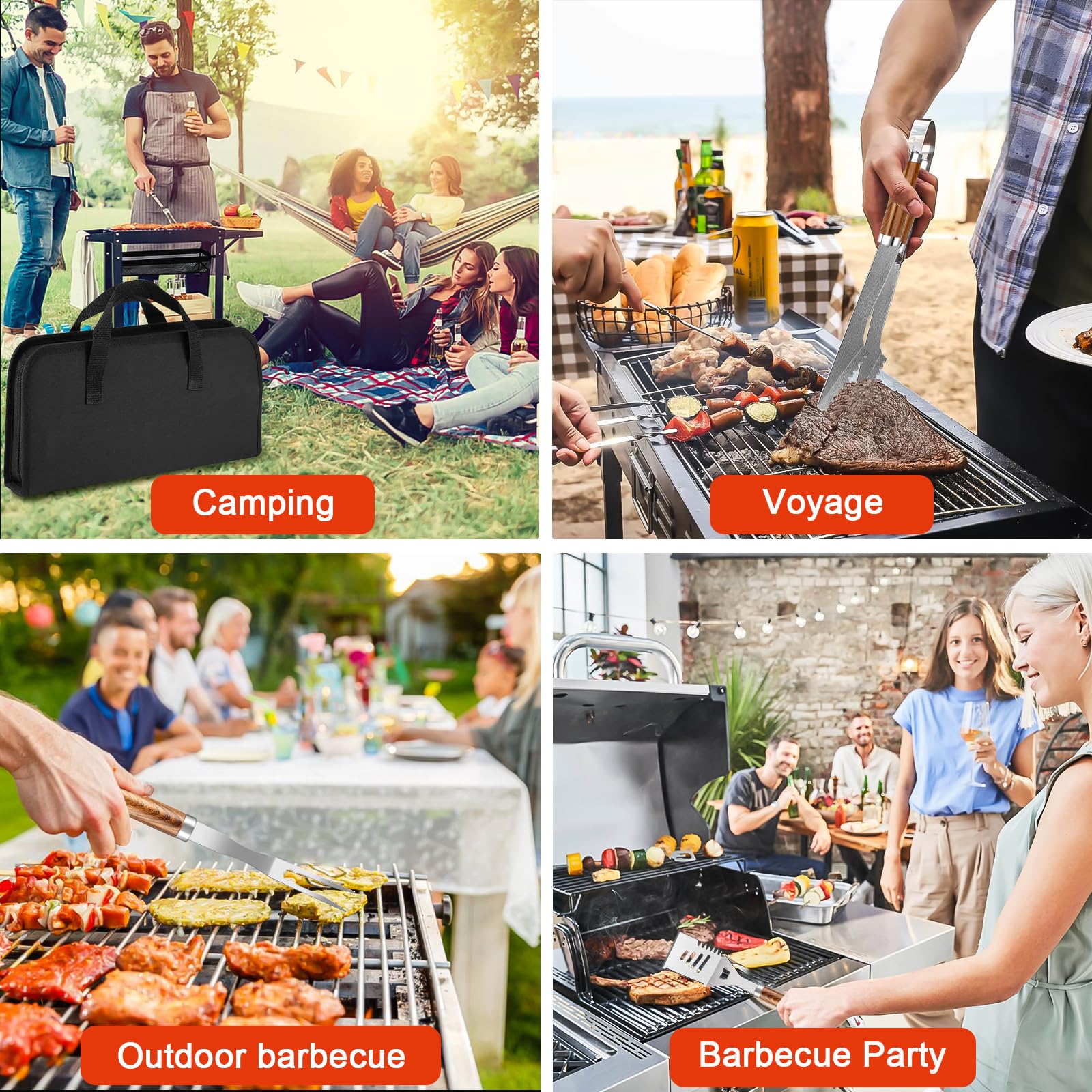 Kit Barbecue 34 Pièces, Ustensiles en Acier Inoxydable, avec Sac de Rangement et Tapis de Cuisson