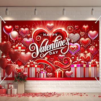BlissYard Valentines Day Backdrop Red Heart Gnome Decorations 71 x 43 Inch | Valentine Party Banner Romantic Love Photo Backdrop for Home Party Photo Booth Valentines Red