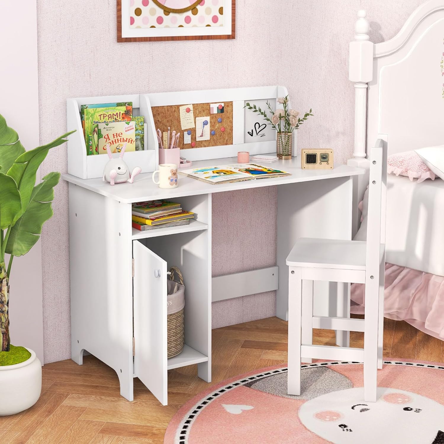 FANTASK Kinderschreibtisch Set, Schreibtisch Kinder mit Stuhl aus Holz, Schülerschreibtisch mit Bücherregal, Schrank & Pinnwand, Jugendschreibtisch für Kinder ab 3 Jahren, Weiß