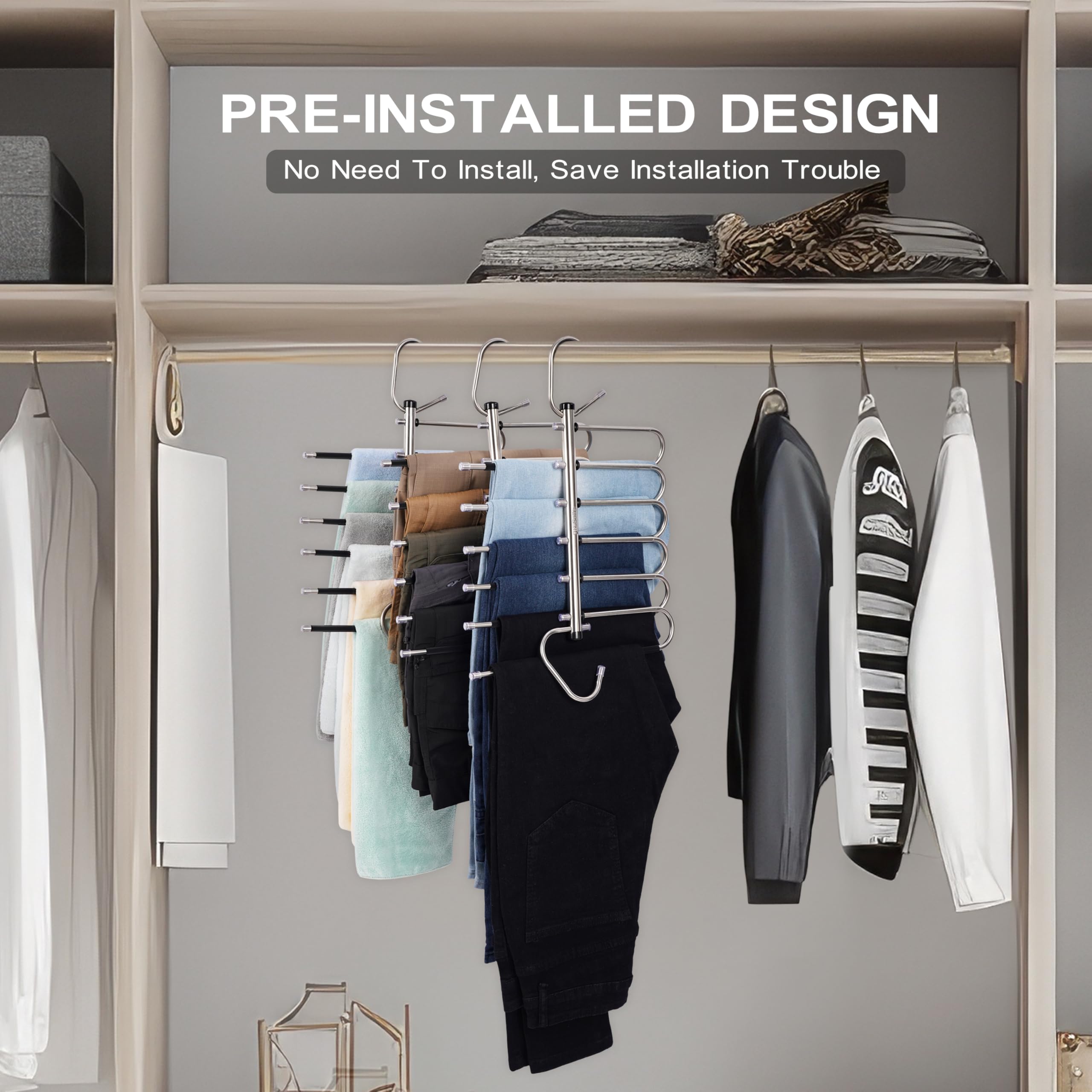 Magische Kleiderbügel für Jeans mit 6 Ebenen, platzsparende Hosenbügel, mehrere Kleiderbügel in einem für Leggings, Hosen und Schals, rutschfeste Hosenbügel aus Edelstahl für