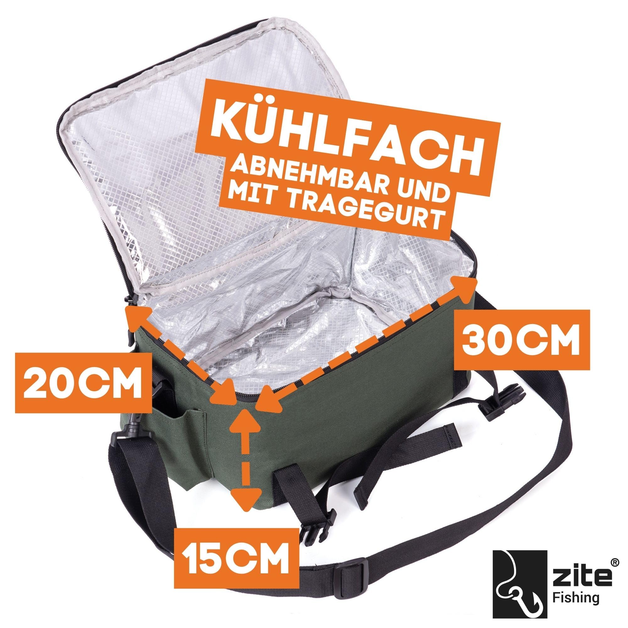 Zite Fishing Angelrucksack mit Rutenhalter & Abnehmarem Kühlfach - Angeltasche 55x30cm Gepolsterte Schultergurte - Spinnfischen & Ansitz Angeln, Angel Rucksack Fishing Backpack, Angler Rucksack angeln