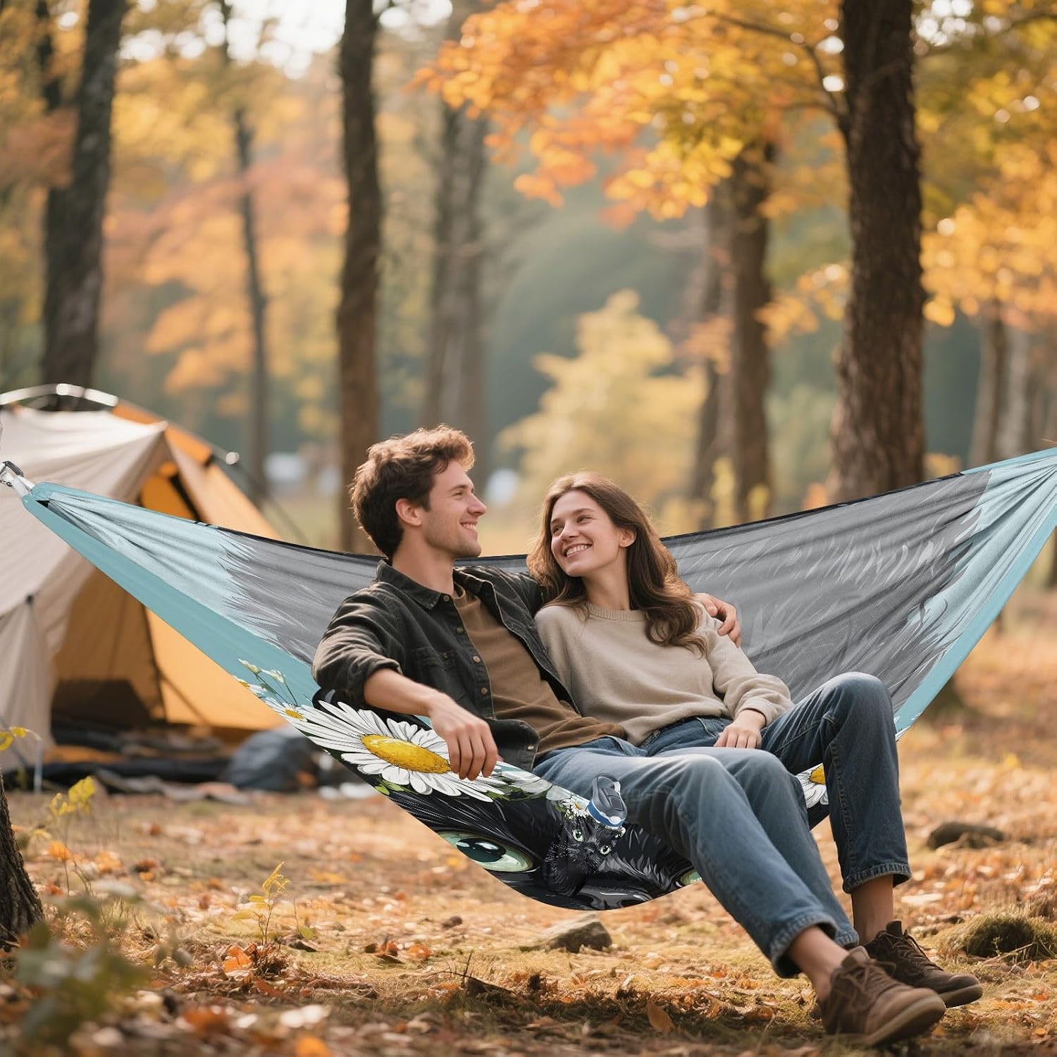 Cute Cat White Daisies Camping Hammock Single Portable Hammocks 330 lbs Capacity with 2 Tree Straps and Attached Carry Bag,Perfect for Outdoor,Indoor,Beach,Camping,Travel