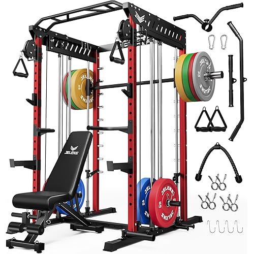 JELENS M21 Smith Machine, Multi-Function Power Cage with Dual Pulley Cable Crossover System, 2000LBS All-in-One Squat Rack with Smith Bar and Attachments for Home Gym