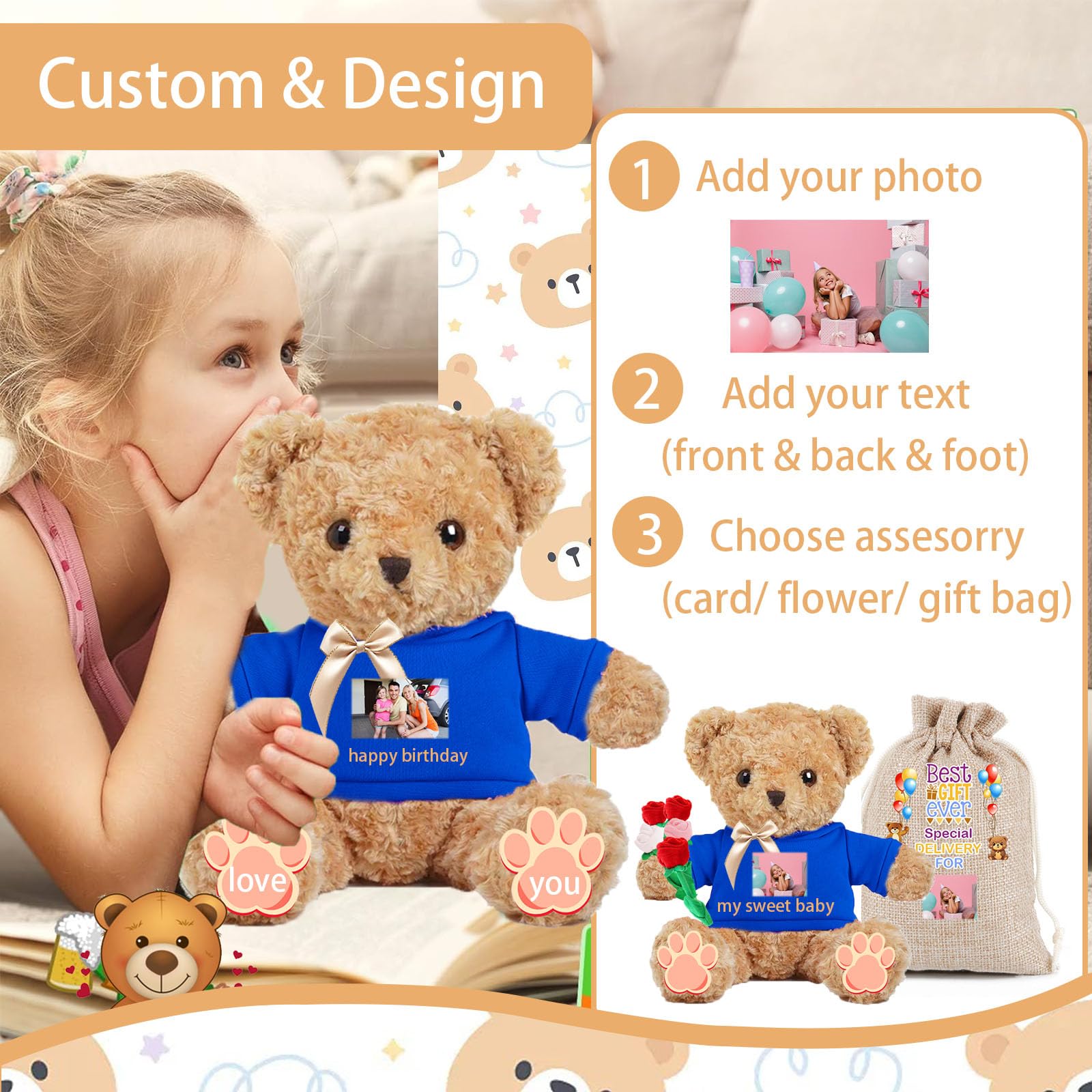 Personalized Teddy Bear With Text & Photo - Custom Plush Toy Gift For Her/Him, Christmas, Valentine's - View #7