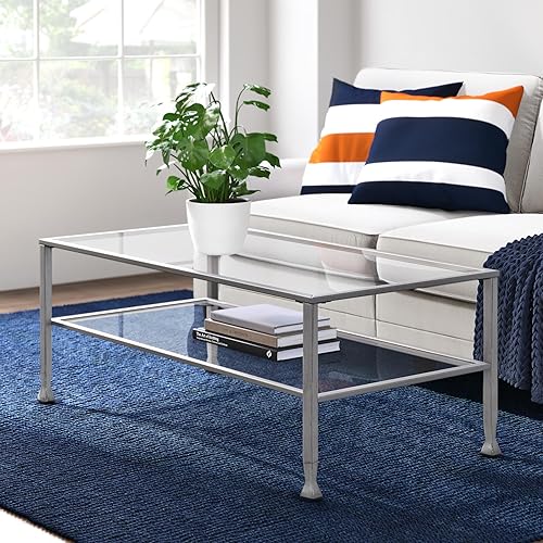 Miniatura 2 de ClickDecor Maddox - Mesa de centro de vidrio templado de 2 niveles con marco de metal, consola, muebles decorativos para sala de estar, parte