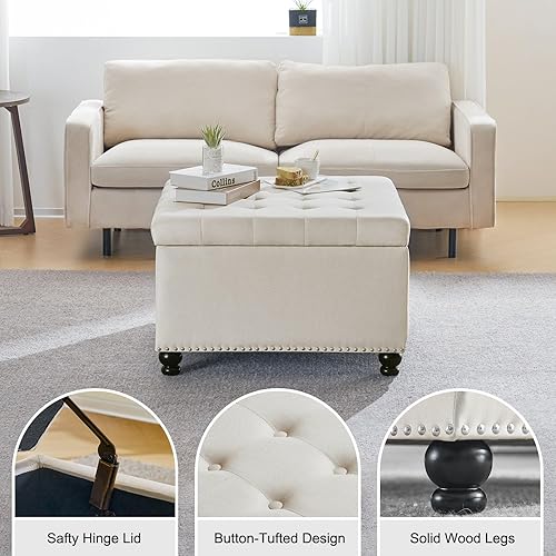 Miniatura 4 de Furnimart Otomana de almacenamiento cuadrada grande, mesa de centro otomana tapizada con patas de madera maciza negras, reposapiés grande de lino