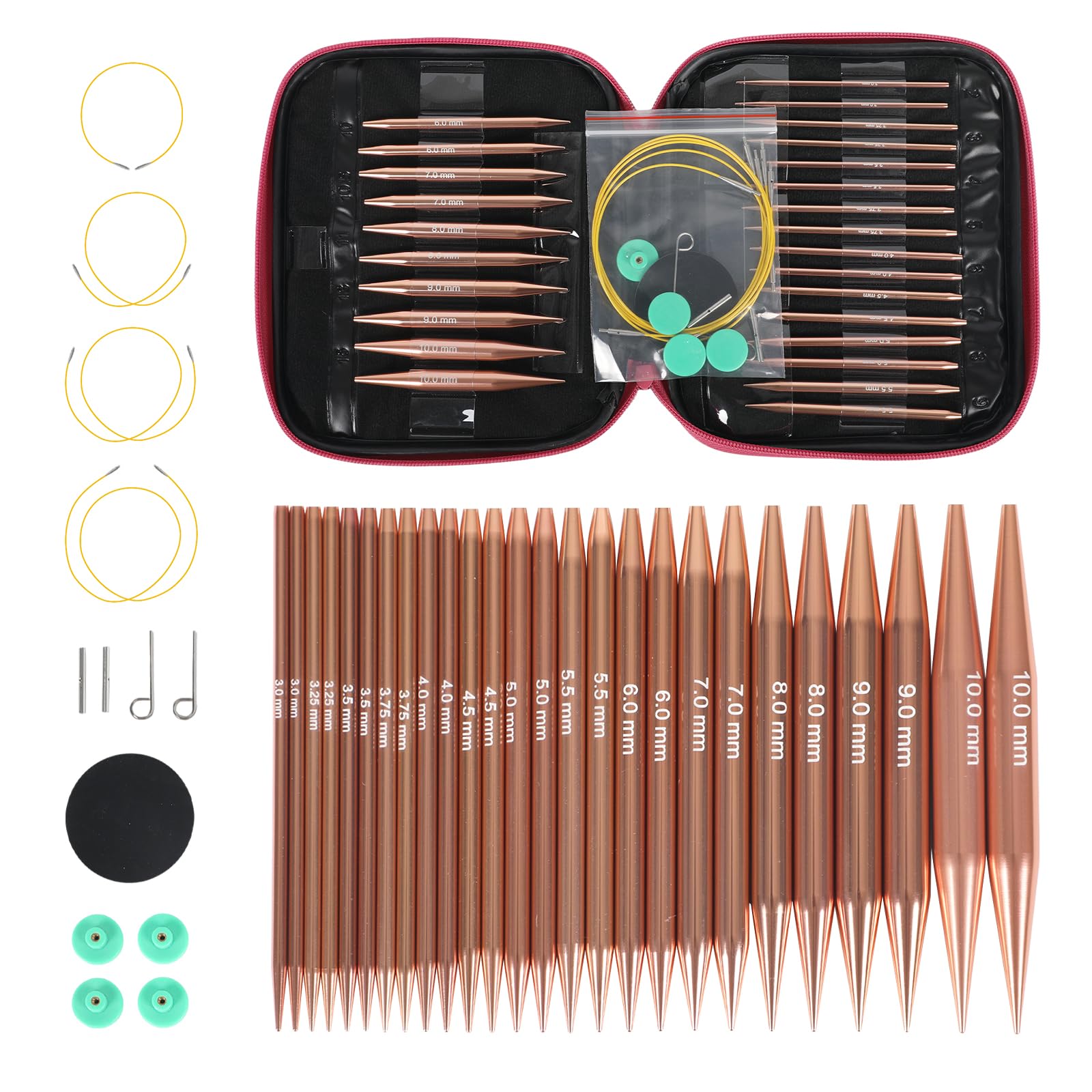 Dwlhap Circular Knitting Needles Set, 13 Pairs Interchangeable Aluminium Knitting Needles 3-10mm with 4 Cables, Accessories & Case for Socks, Hats, Sweaters and Blankets (Rose Gold)