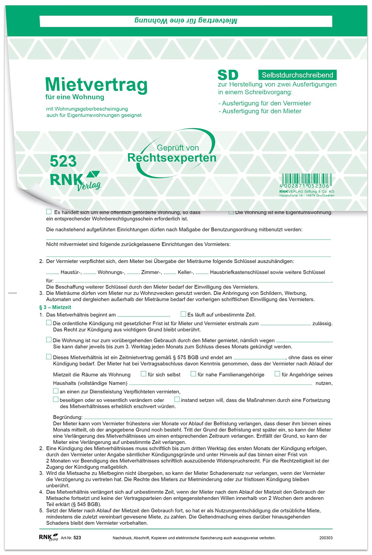 RNKVERLAG 523/10 - Universal-Mietvertrag für Wohnungen, selbstdurchschreibend, 3 x 2 Blatt, DIN A4, 10 Verträge