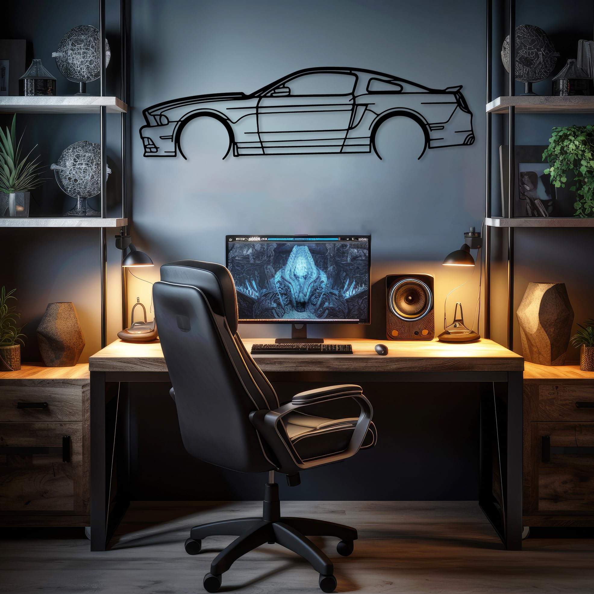 DecoSoul Mustang Metal Car Wall Art, Sports Car, Automotive Silhouette Line Decoration, Minimalist Sculpture for Garage, Indoor Outdoor Wall Hanging, Gift for Boyfriend (Black - 20 x 5.5” inch)