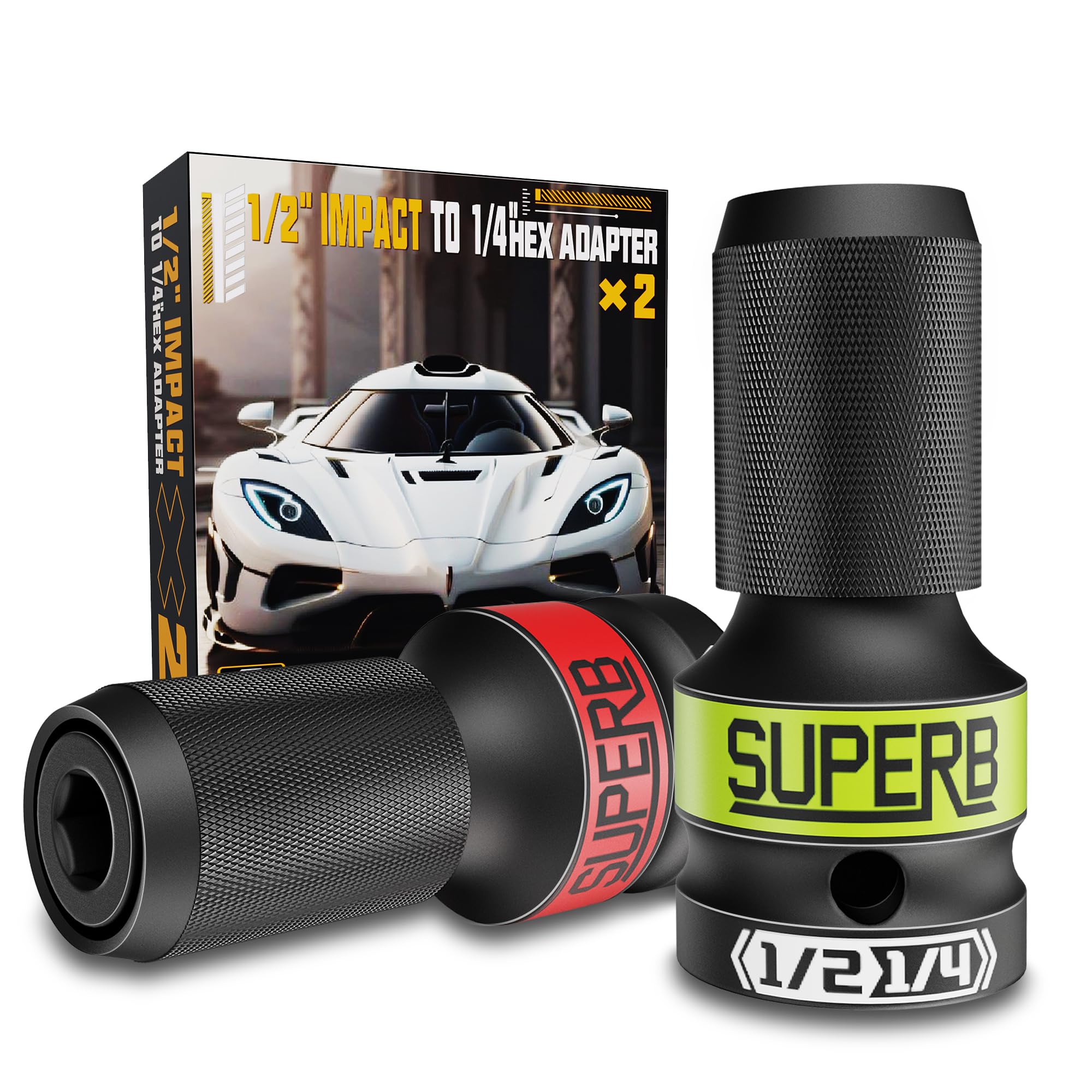 Skrweax Adattatore per cacciavite 2 pezzi, convertitore da attacco quadrato da 1/2" a attacco esagonale da 1/4", mandrino a cambio rapido per chiave a percussione