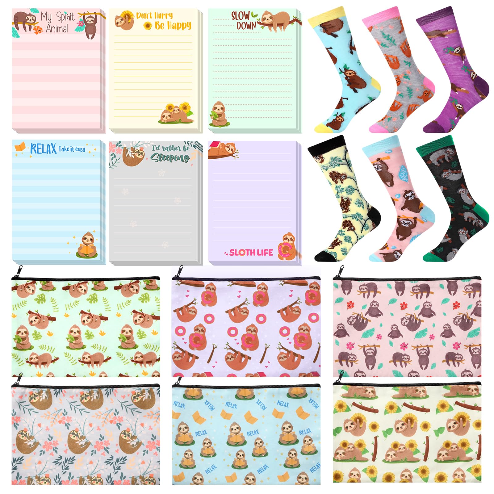 Yeyeplum 18 Pcs Sloth Gifts for Sloth Lovers, Sloth Gifts for Women, Sloth Gifts and Stationery, Cute Sloth Print Makeup Bag Sloth Sticky Notes 3''x4'' Memo Pads Novelty Sloth Socks Birthday Gift